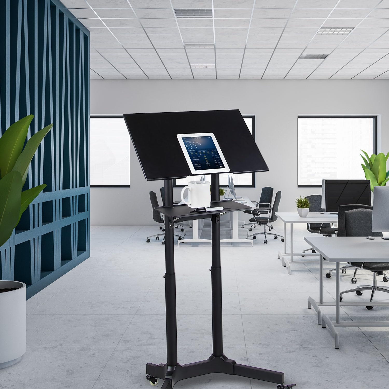 Mount-It! Adjustable Height Mobile Podium Stand with Wheels - Rolling Lectern & Portable Standing Desk with Tilted Shelf & Storage | Perfect for Office Presentations, Classroom Teaching & Conference Room Speeches