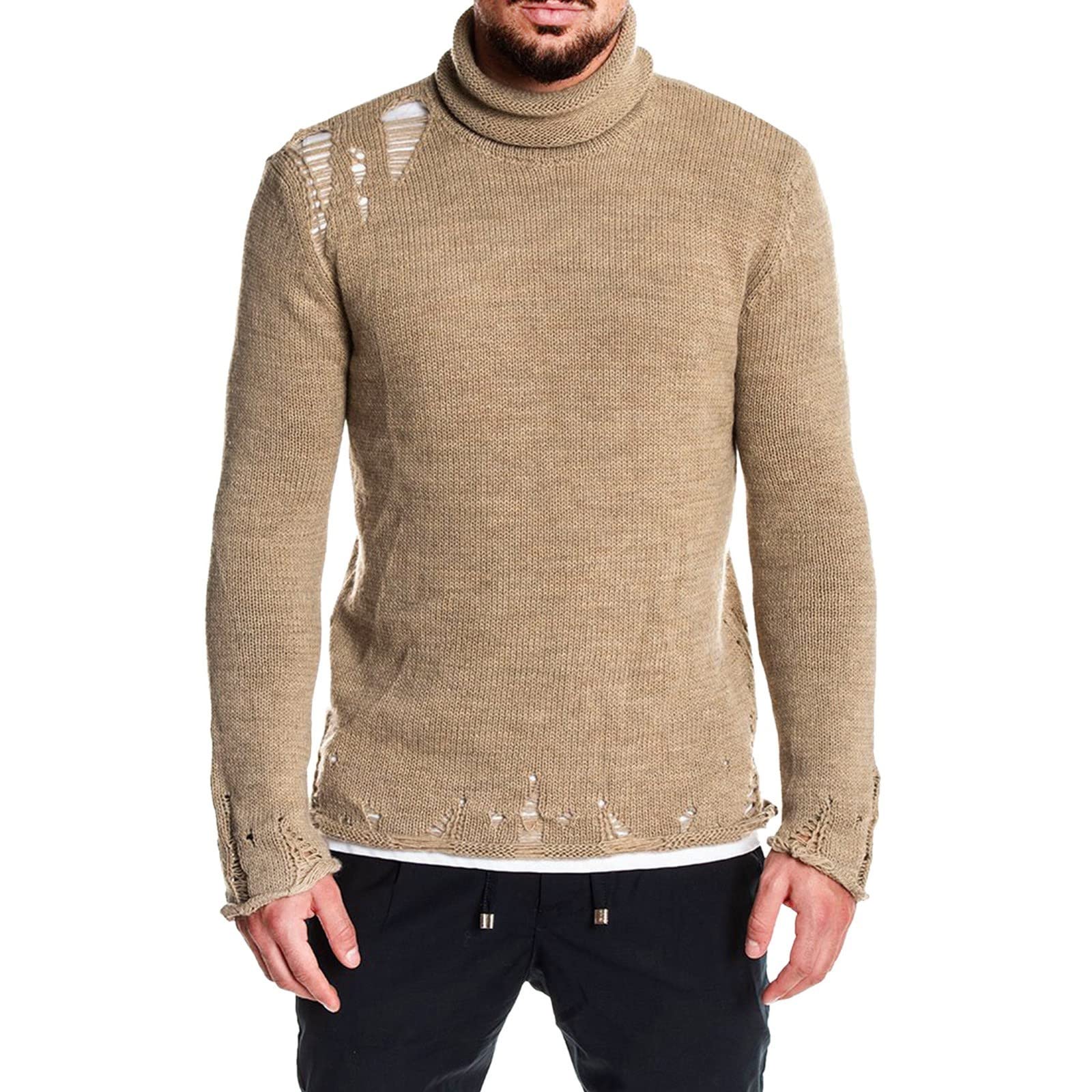 Men's Ripped Turtleneck Knit Sweater - Solid Color Pullover for Winter - Cozy Casual Wear for Office, Dating & Outdoor Activities