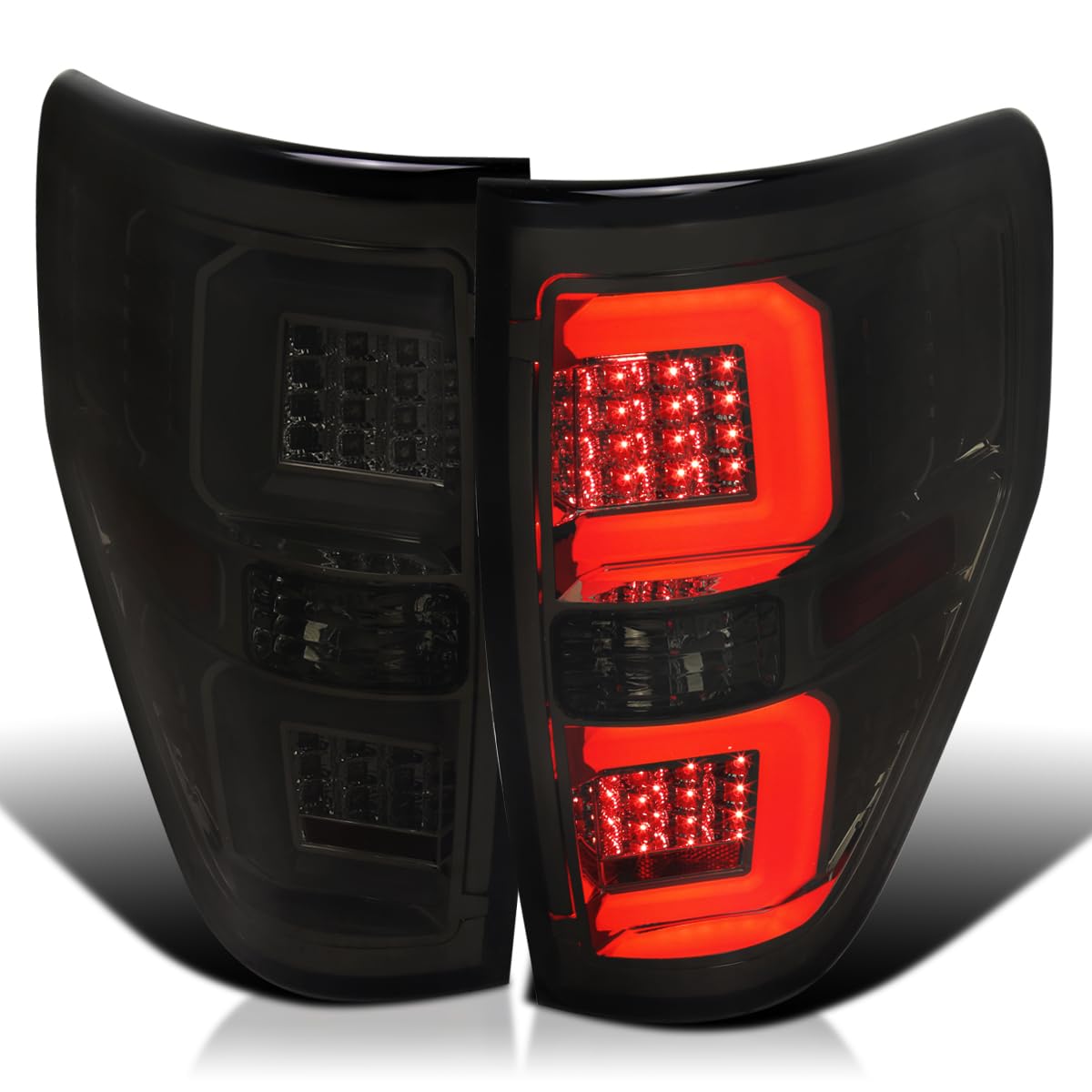 Spec-D Tuning LED Smoke Tail Lights with Light Bar for 2009-2014 Ford F150 - Left & Right Pair Assembly - Upgrade Your Truck's Style & Night Visibility for Safer Driving