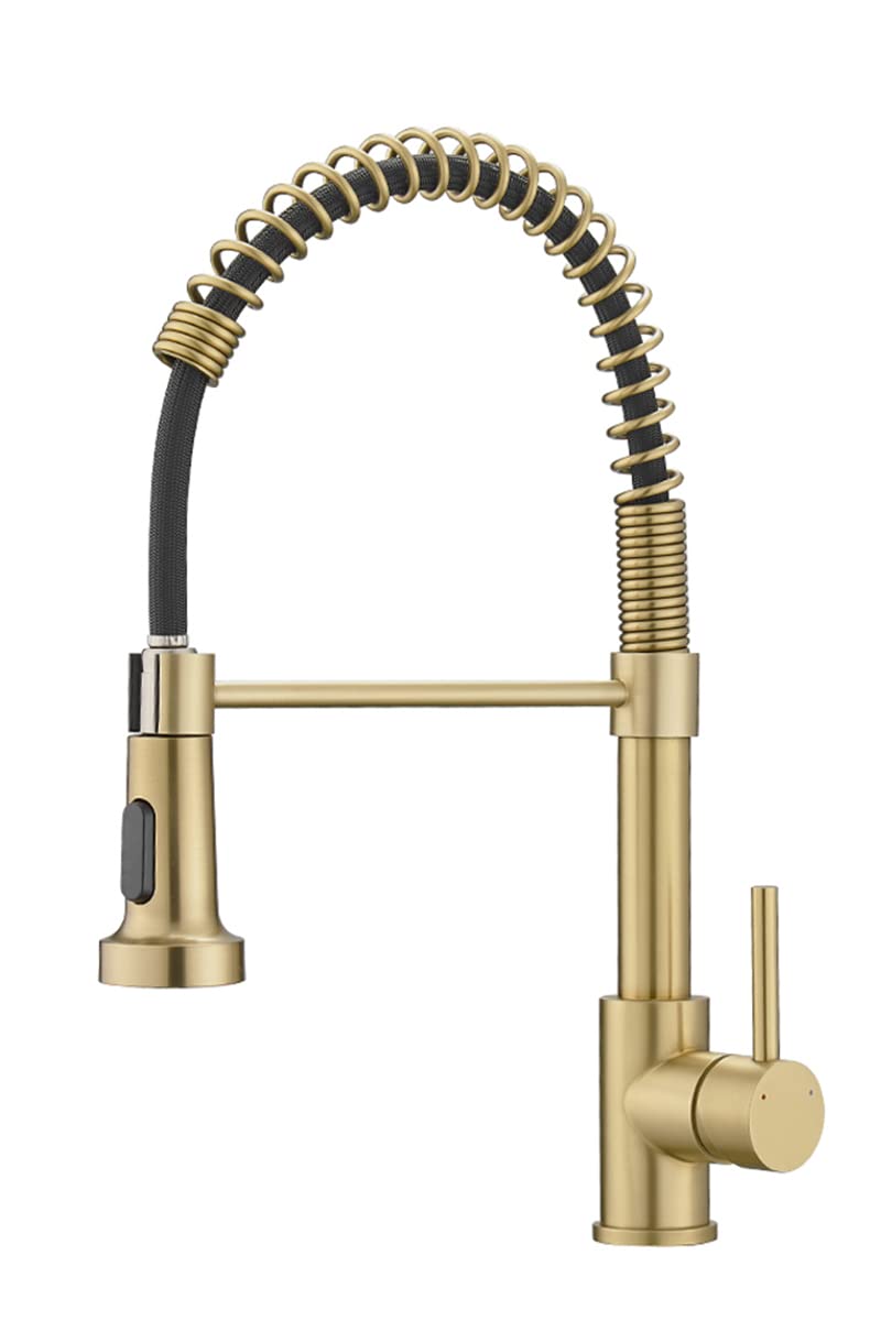 WOTOKOL RV Brushed Gold Commercial Kitchen Faucet - Single Handle Pull Down Sprayer Brass Sink Faucet for Restaurant & Home Use