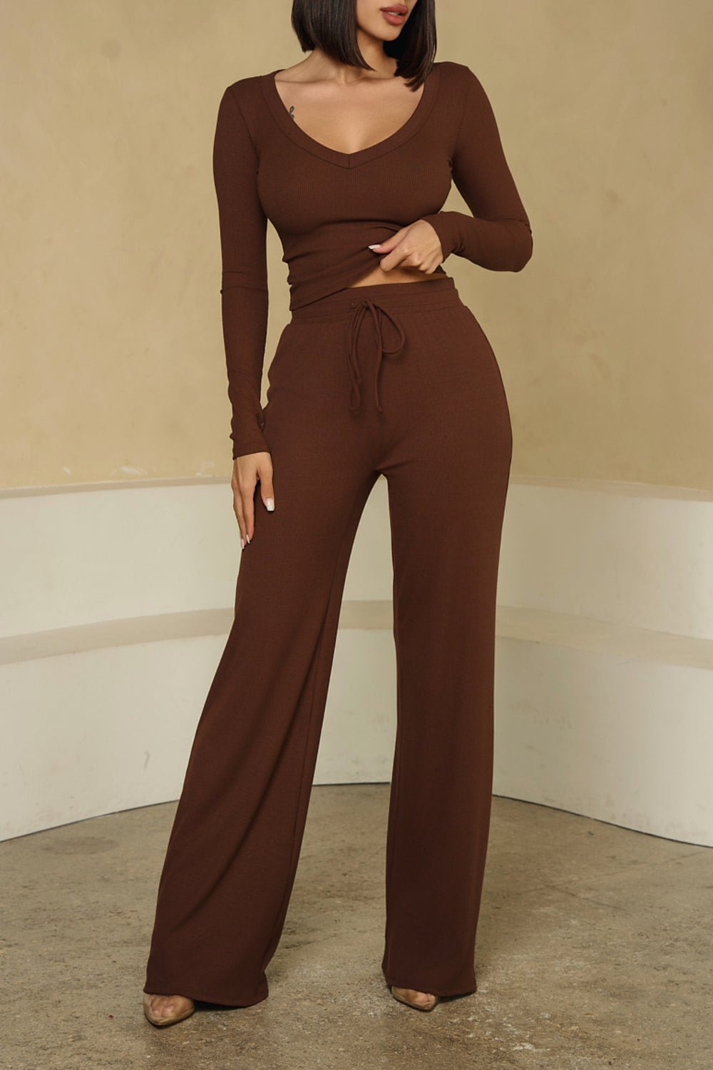 HMS Skins Chocolate Baby Rib Long Sleeve V Neck Top - Soft Stretchy Women's T-Shirt for Casual Wear & Layering