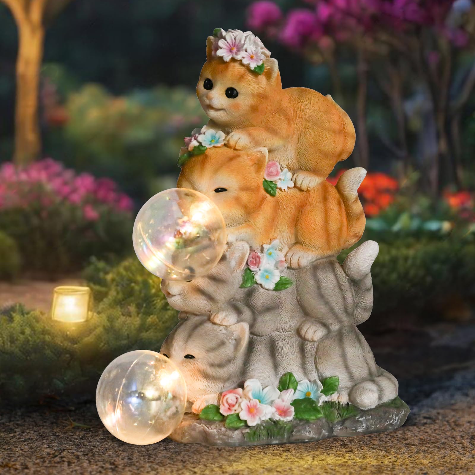 Solar Powered Cat Garden Statue with LED Ball Lights & Flowers - Outdoor Decorative Cat Sculpture for Yard, Lawn, Patio, Porch & Balcony - Unique Gardening Gift for Women, Grandma & Mom - Perfect for Garden Decor, Nighttime Illumination & Home Landscaping