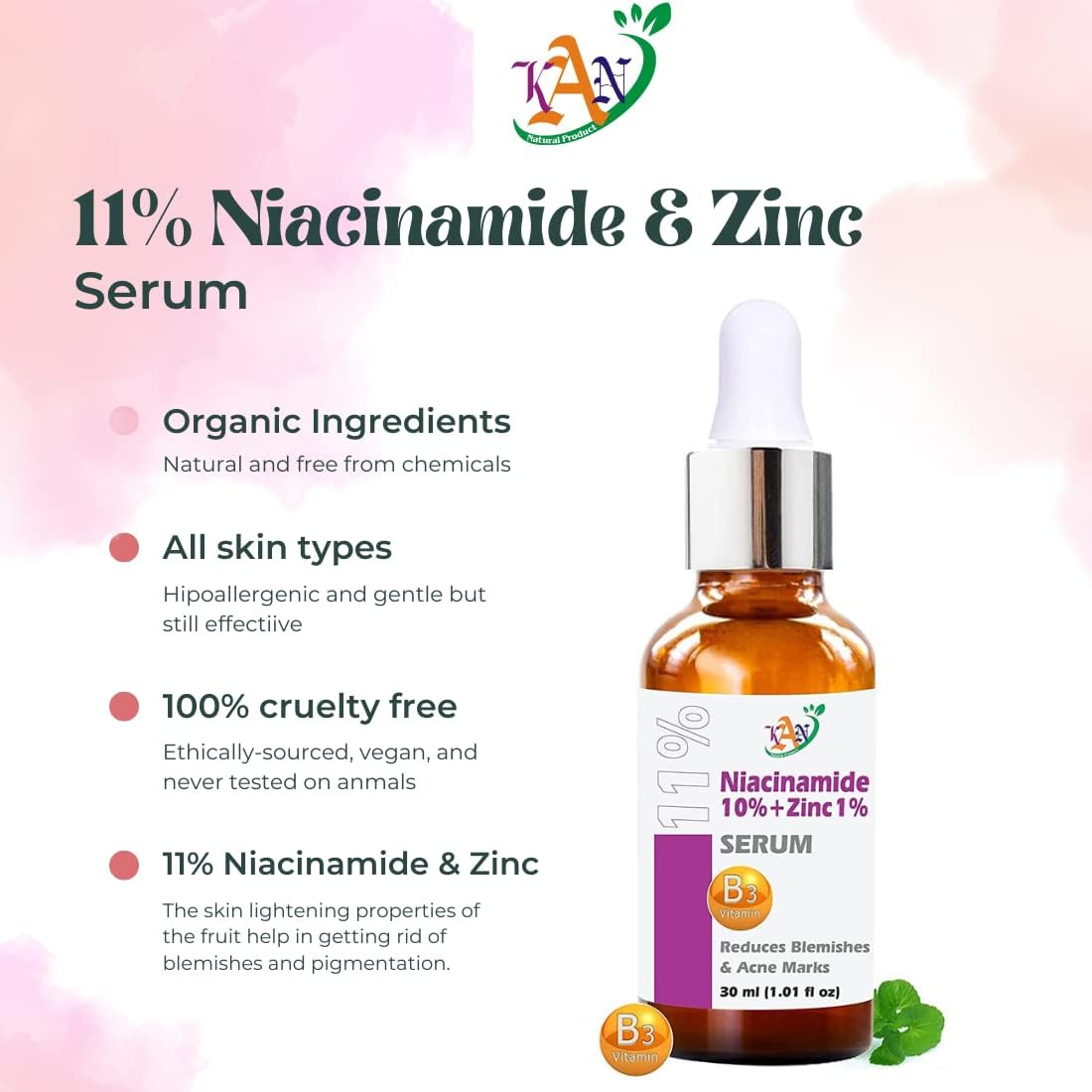 Kan Natural 10% Niacinamide + 1% Zinc Face Serum for Men & Women - Reduces Blemishes, Acne Marks & Pores - Brightening & Hydrating Formula - 30ml (Pack of 2) - Perfect for Daily Skincare Routine & Acne-Prone Skin