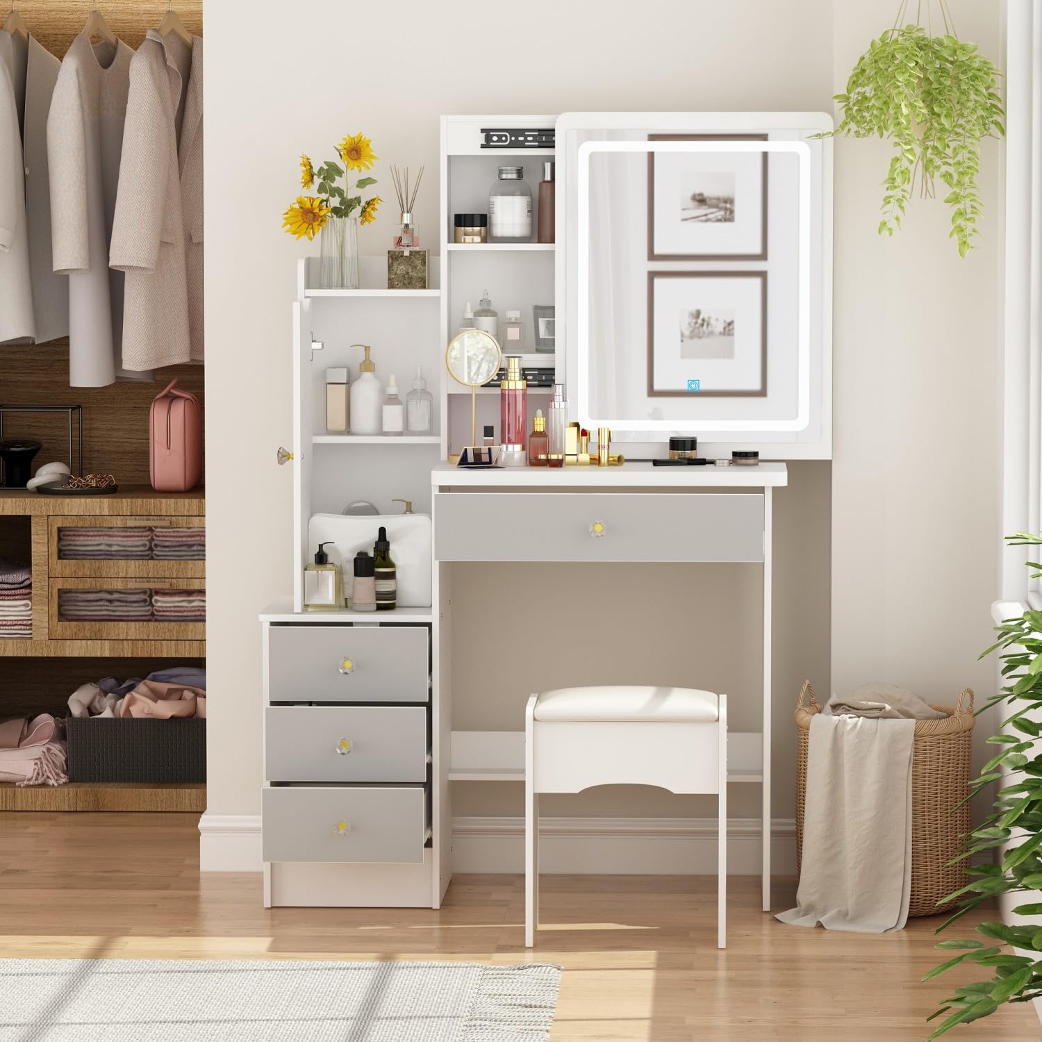 FAMAPY White and Grey Vanity Desk with Mirror & LED Lights, Makeup Dressing Table with Sliding Lighted Mirror, Cushion Stool, Drawers & Shelves - Perfect for Bedroom, Dorm Room & Beauty Salon Decor