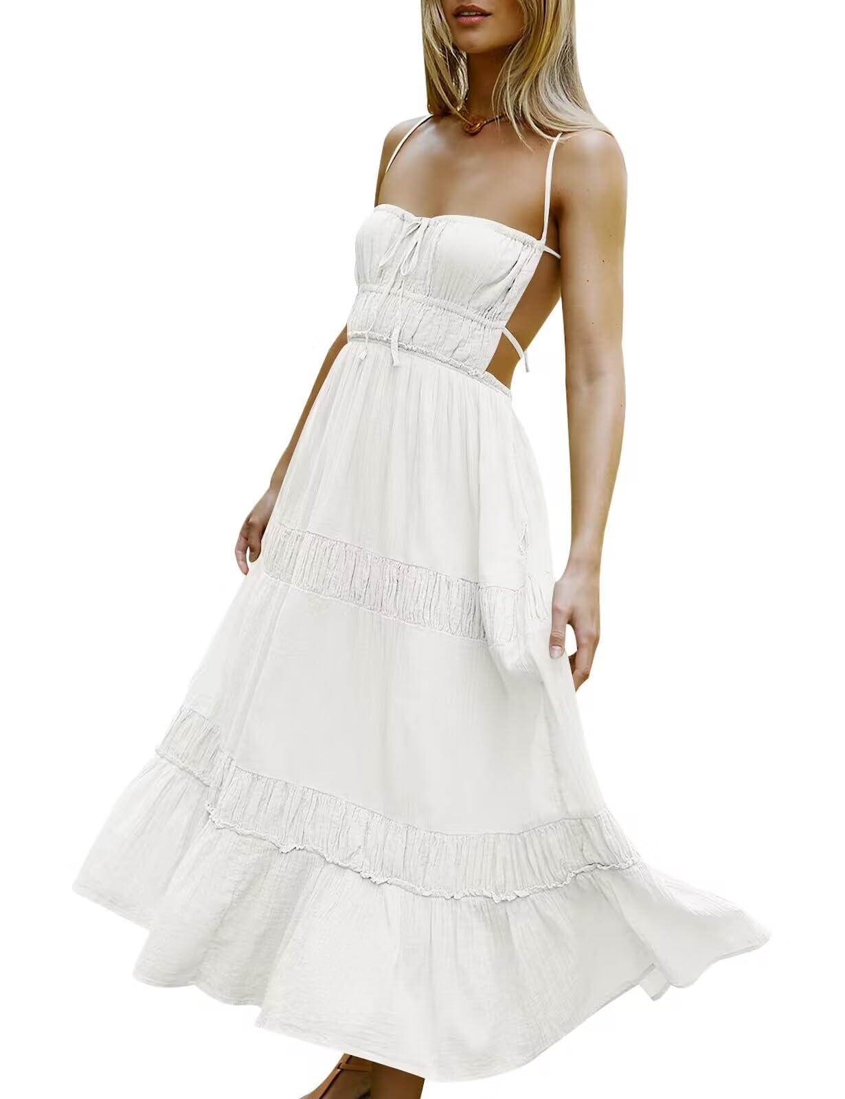 HeSaYep Women's Sexy Summer Backless Flowy Maxi Dress with Spaghetti Straps & Pockets - White | Perfect for Beach Vacations, Date Nights & Summer Parties