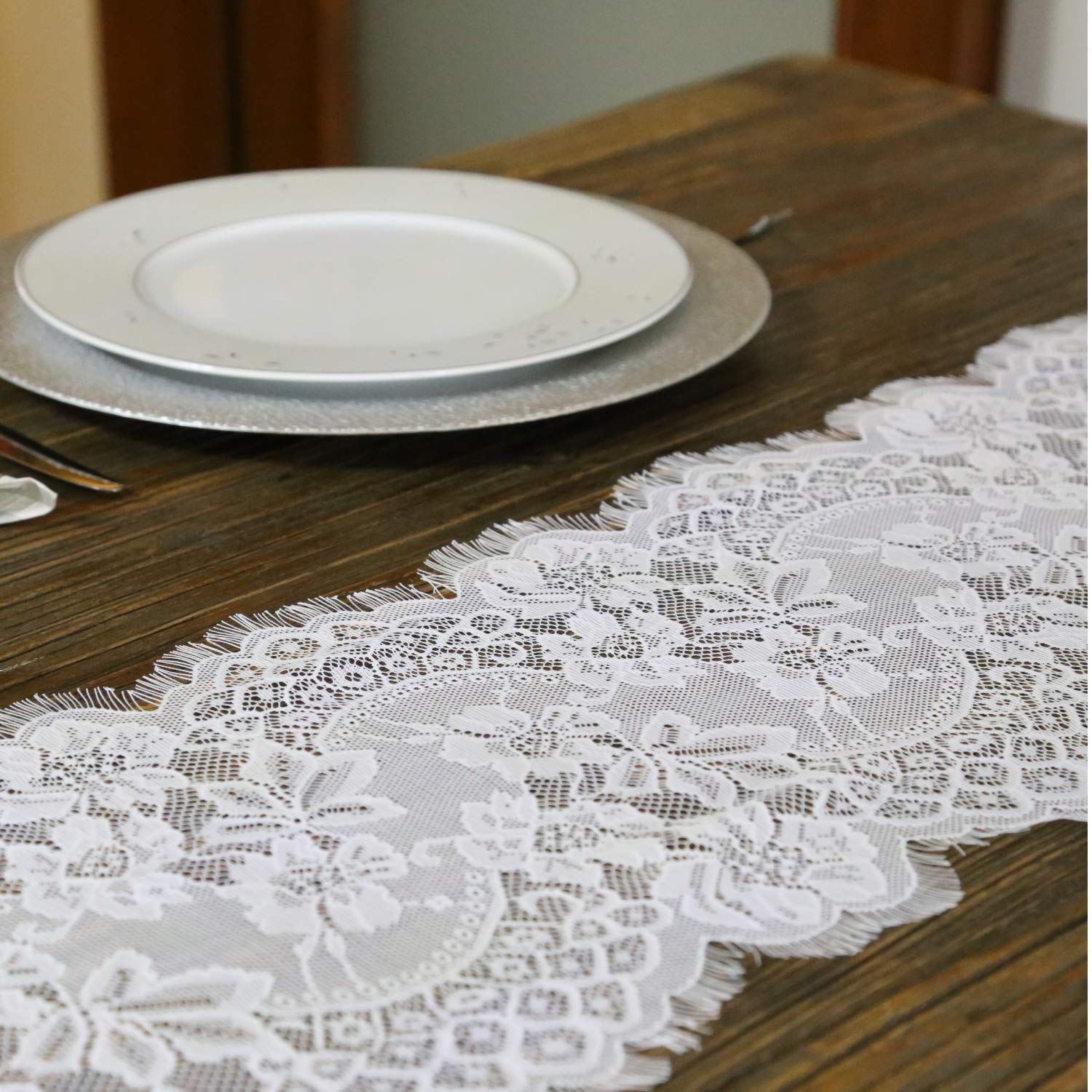 Embroidered White Lace Table Runner 12x120 Inches - Durable Floral Fringe Tablecloth for Wedding, Baby Shower & Home Decor - Perfect for Dining Tables, Buffets, and Special Events (1 Piece)