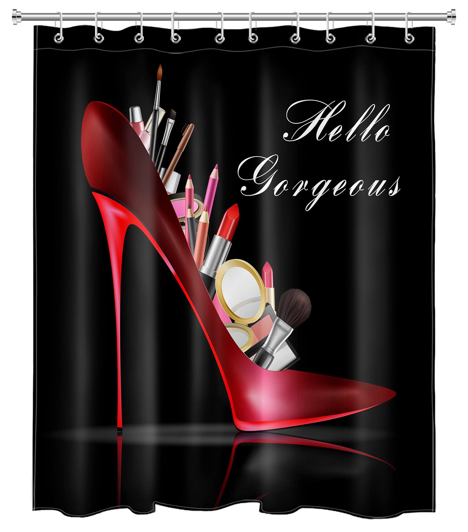 EOBTAIN Red High Heels & Lipstick Print Shower Curtain - 60x72 Inch Waterproof Bathroom Decor with 10 Hooks - Modern Fashion Women's Design on Black Background - Perfect for Glamorous, Feminine & Chic Bathroom Makeovers