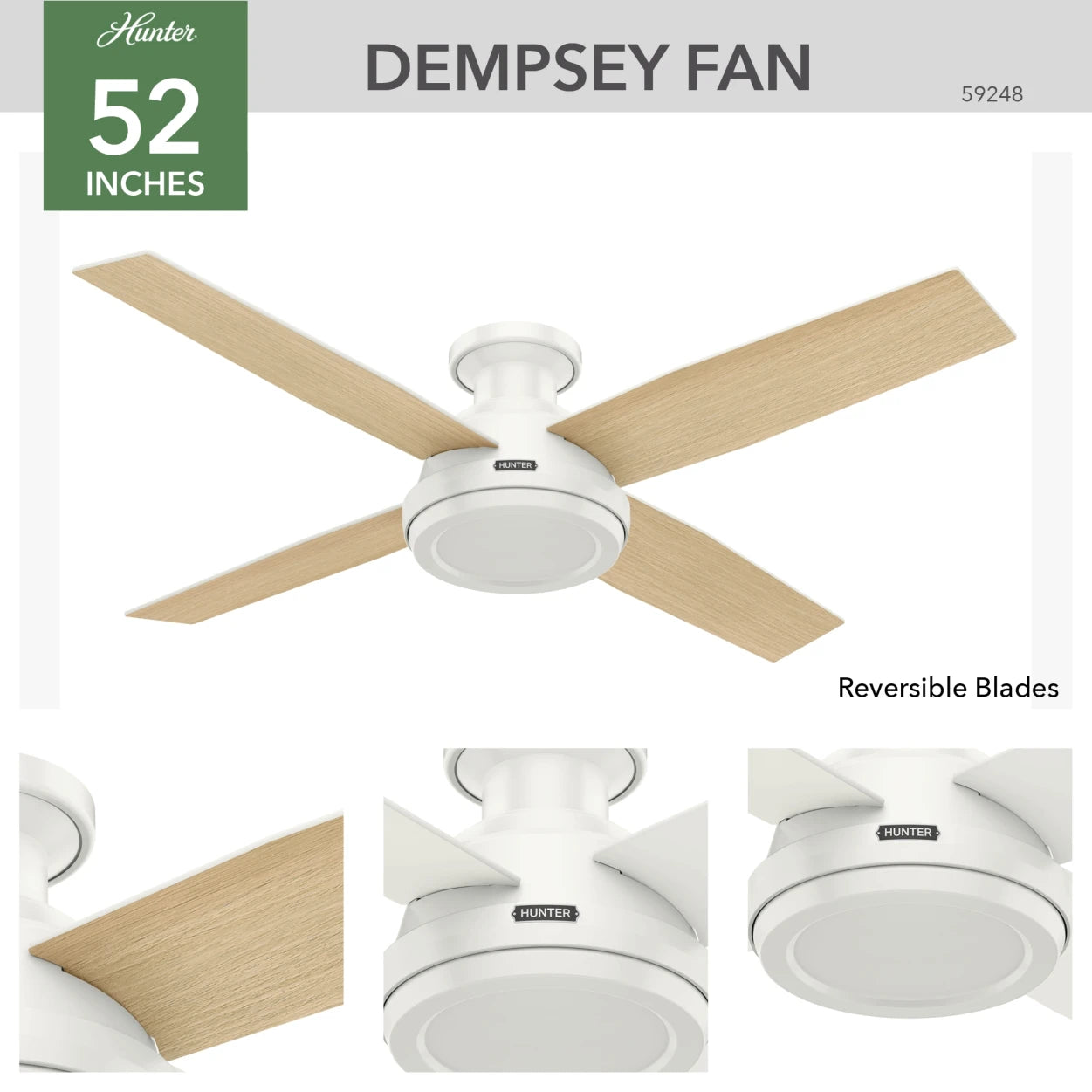 Hunter 52 Inch Dempsey Fresh White Low Profile Ceiling Fan - No Light, Energy Efficient, Ultra Quiet Motor - Perfect for Bedroom, Living Room, and Outdoor Covered Patios