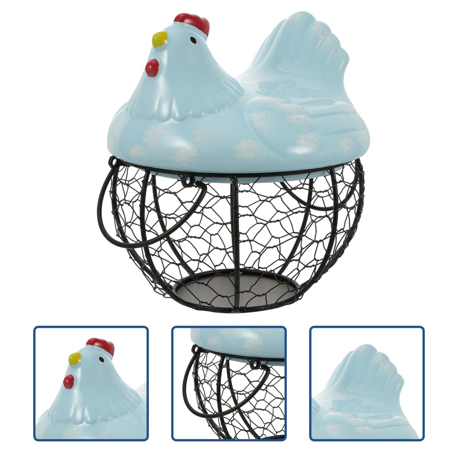 DOITOOL Metal Wire Chicken Egg Basket with Ceramic Lid - Chicken Shaped Fruit Basket & Egg Display Holder - Kitchen Countertop Organizer with Handle - Perfect for Easter Decorations, Farmhouse Kitchen Decor, and Fresh Egg Storage