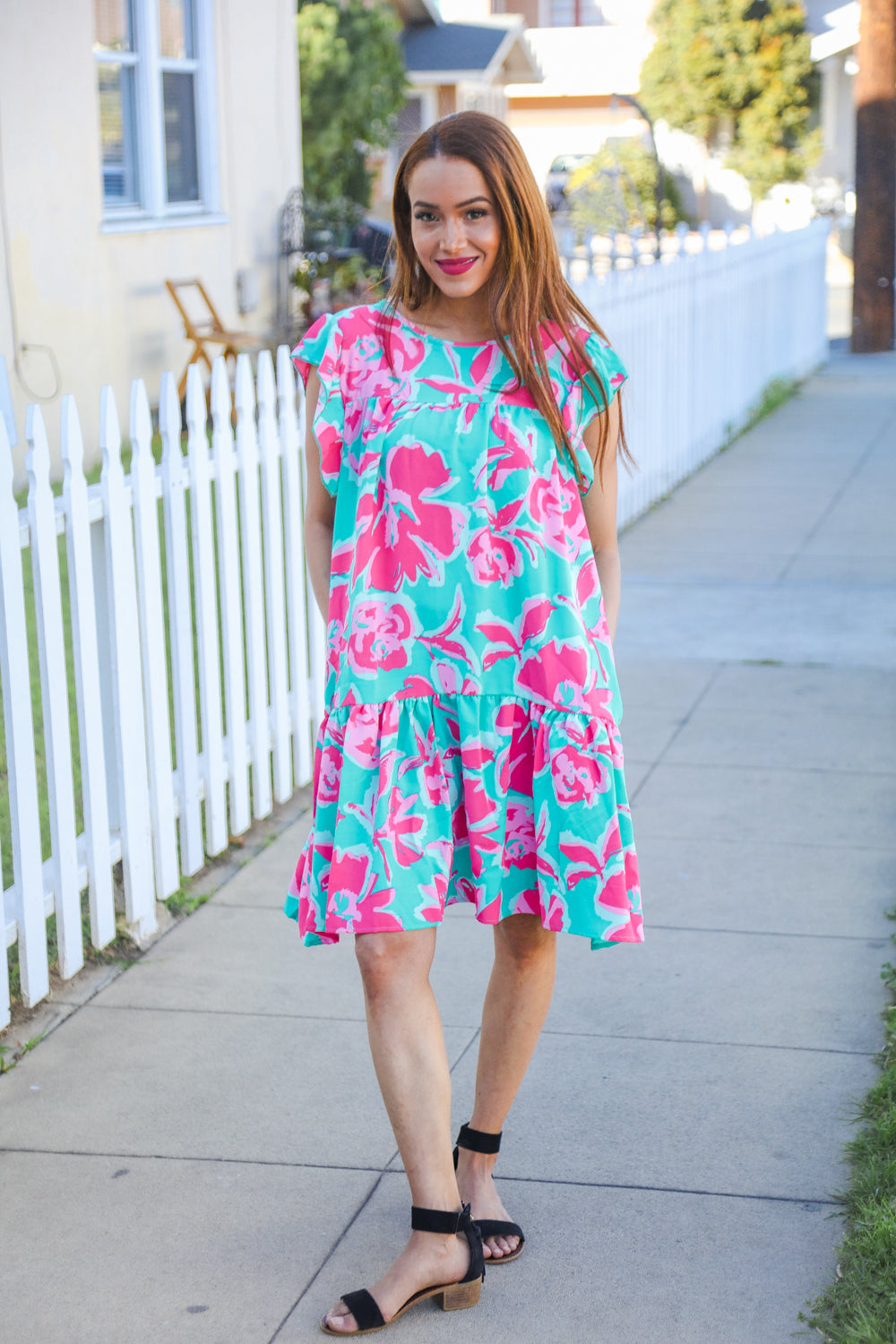 Diva Dreaming Aqua Floral Print Tiered Ruffle Sleeve Dress for Women - Elegant Summer Party Dress for Weddings, Garden Parties & Date Nights
