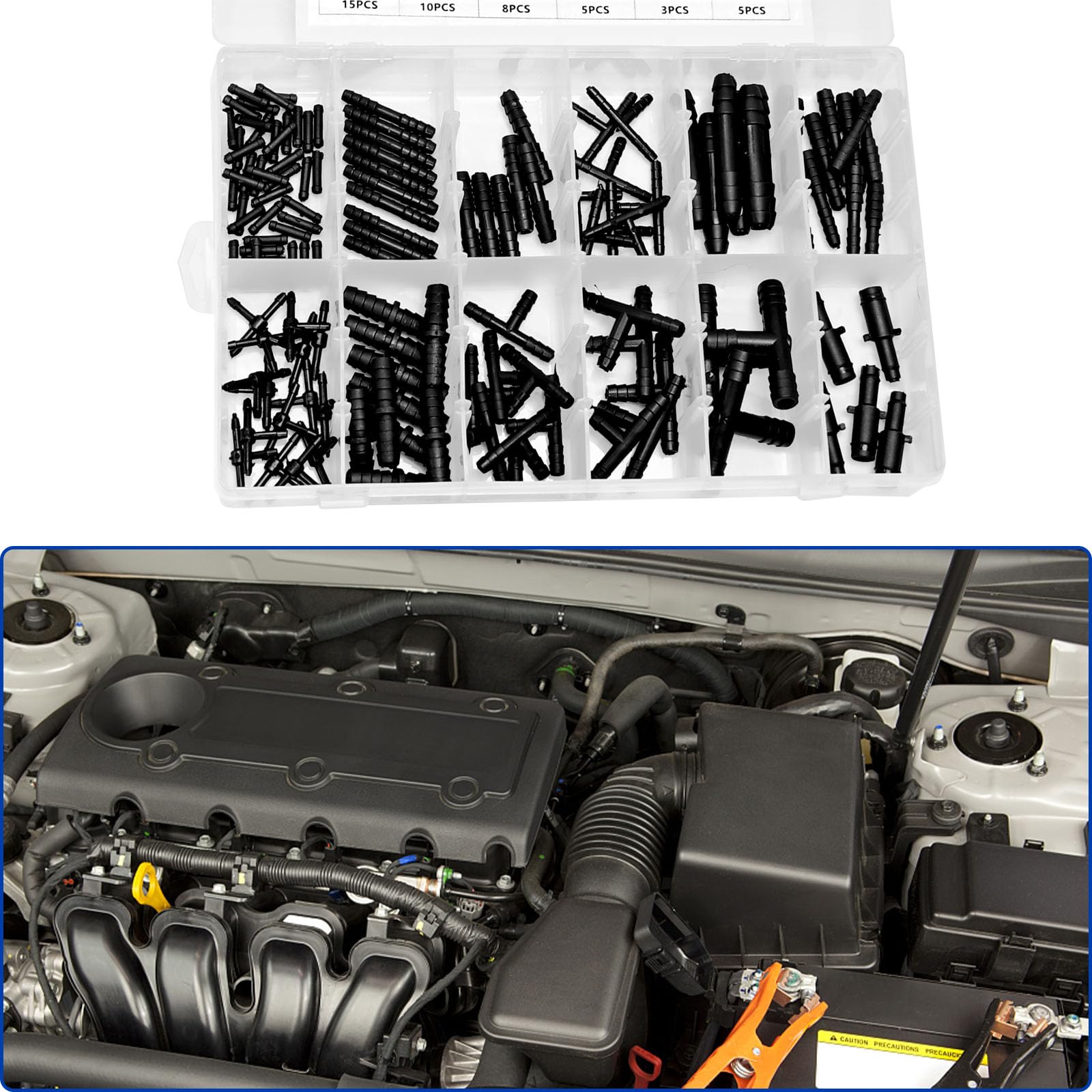 113-Piece Vacuum Fittings Assortment Kit - Black Nylon Vacuum Connectors with Heat Resistance up to 460°F (240°C) - Includes 12 Sizes of Tee Connectors for HVAC, Automotive & Industrial Applications