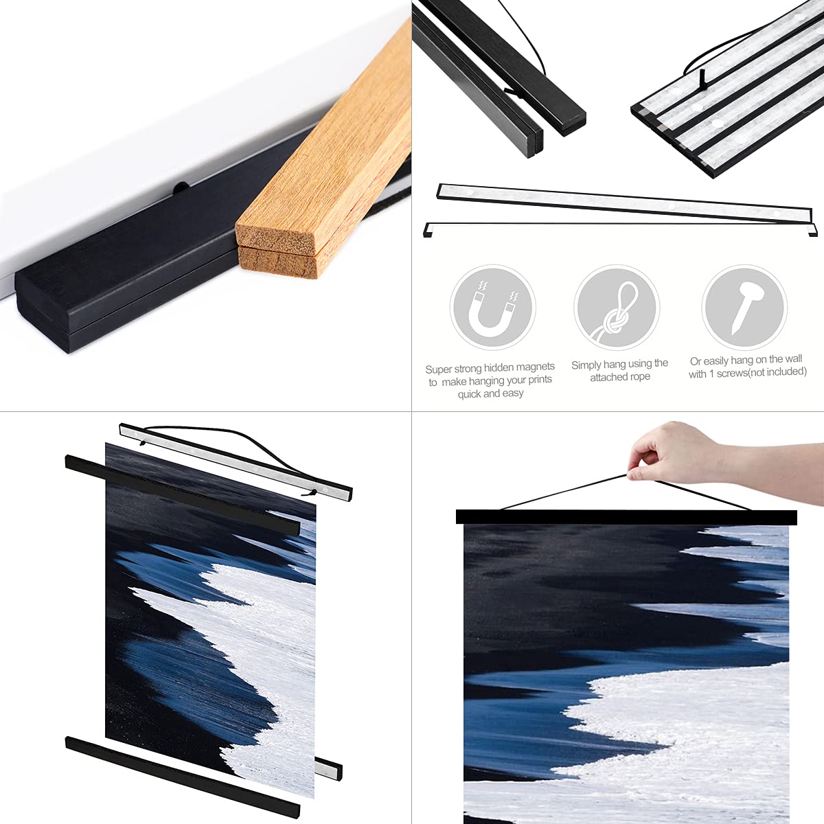 Ywlake 40 Inch Magnetic Poster Hanger - Wooden Frame with Strong Magnets for Hanging Posters, Maps, Canvas Art (Black) - Perfect for Home, Office, Gallery & Classroom Decor