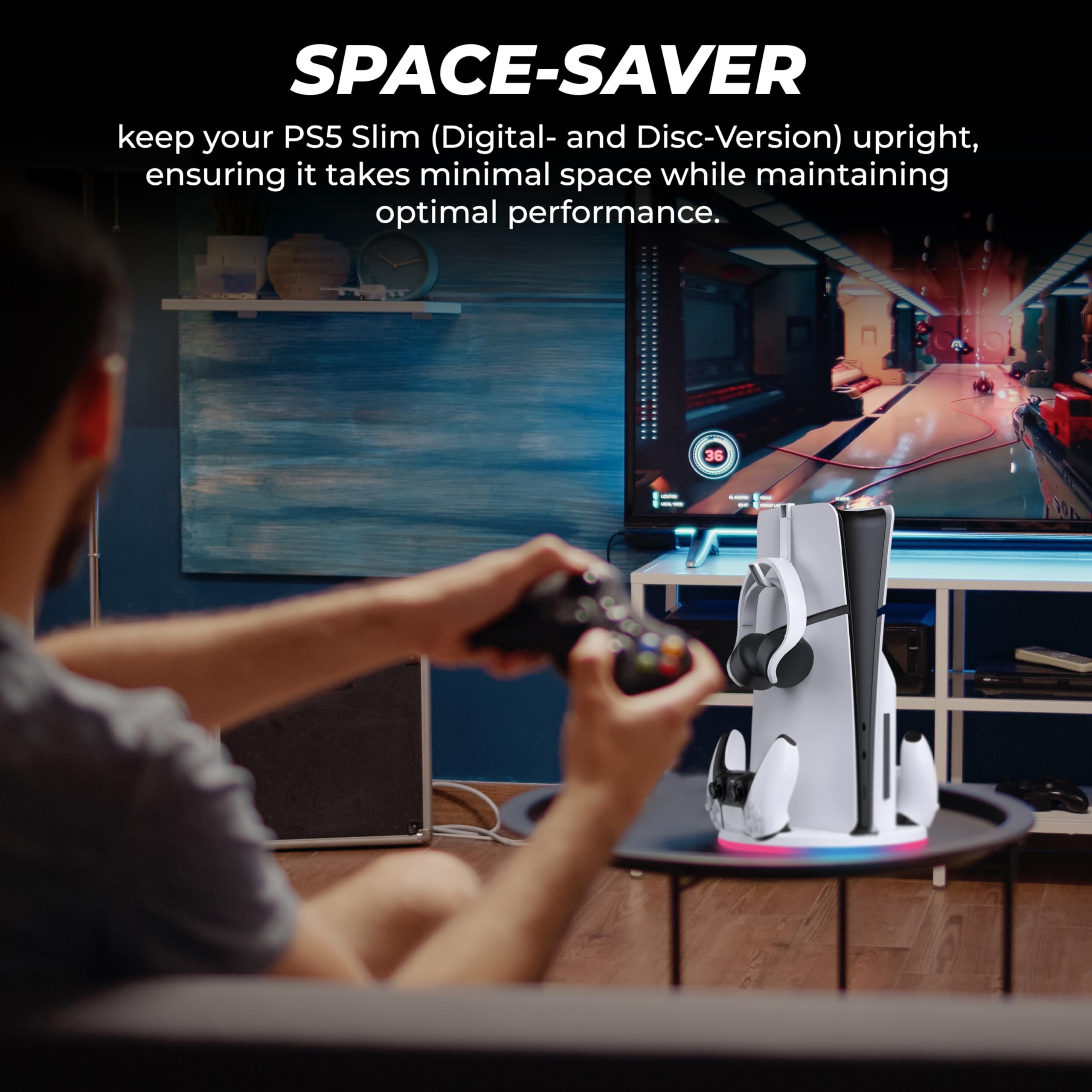 PS5 Slim Vertical Stand with Dual Controller Charger - RGB Lighting Gaming Station for PlayStation 5 | Includes Headset Hook & Fast Charging for DualSense & Edge Controllers | Perfect for Gaming Setup & Console Protection