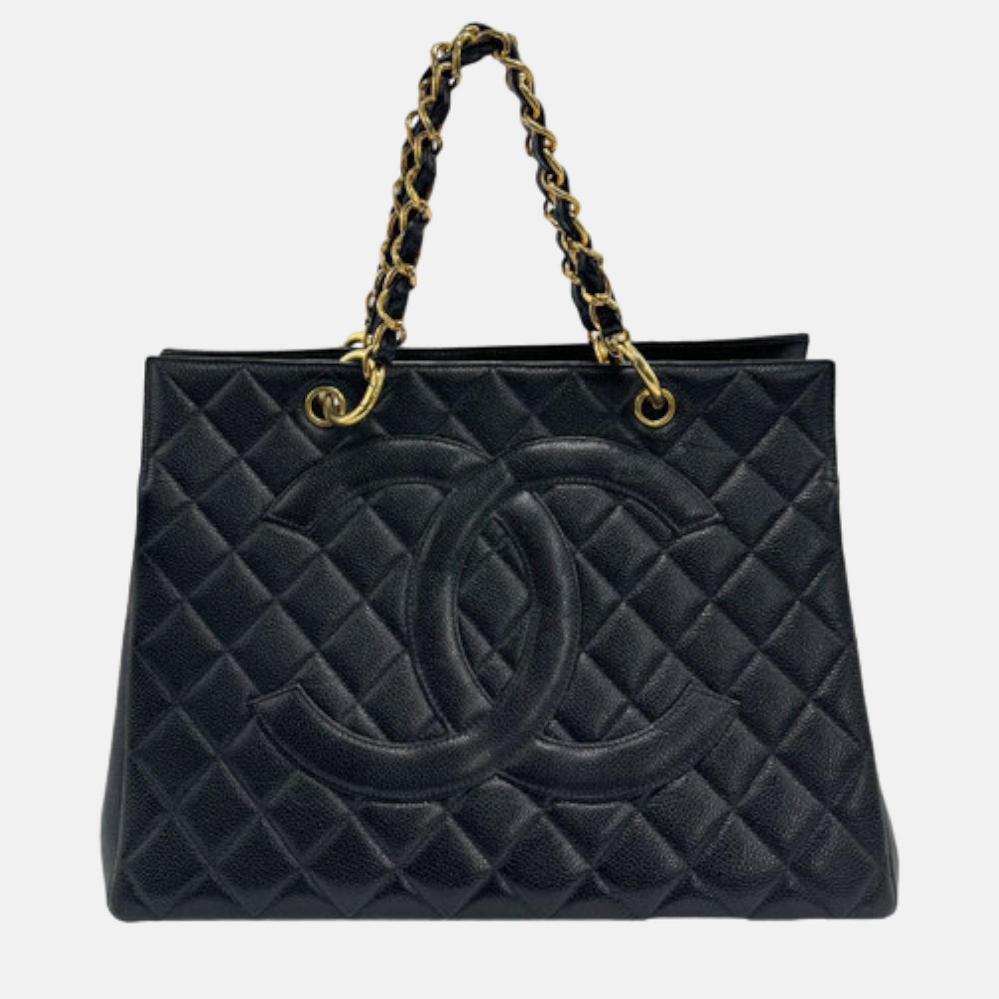 Luxury Black Caviar Leather GST Tote Bag for Women - Designer Handbag with Gold-Tone Hardware - Perfect for Work, Travel & Everyday Use
