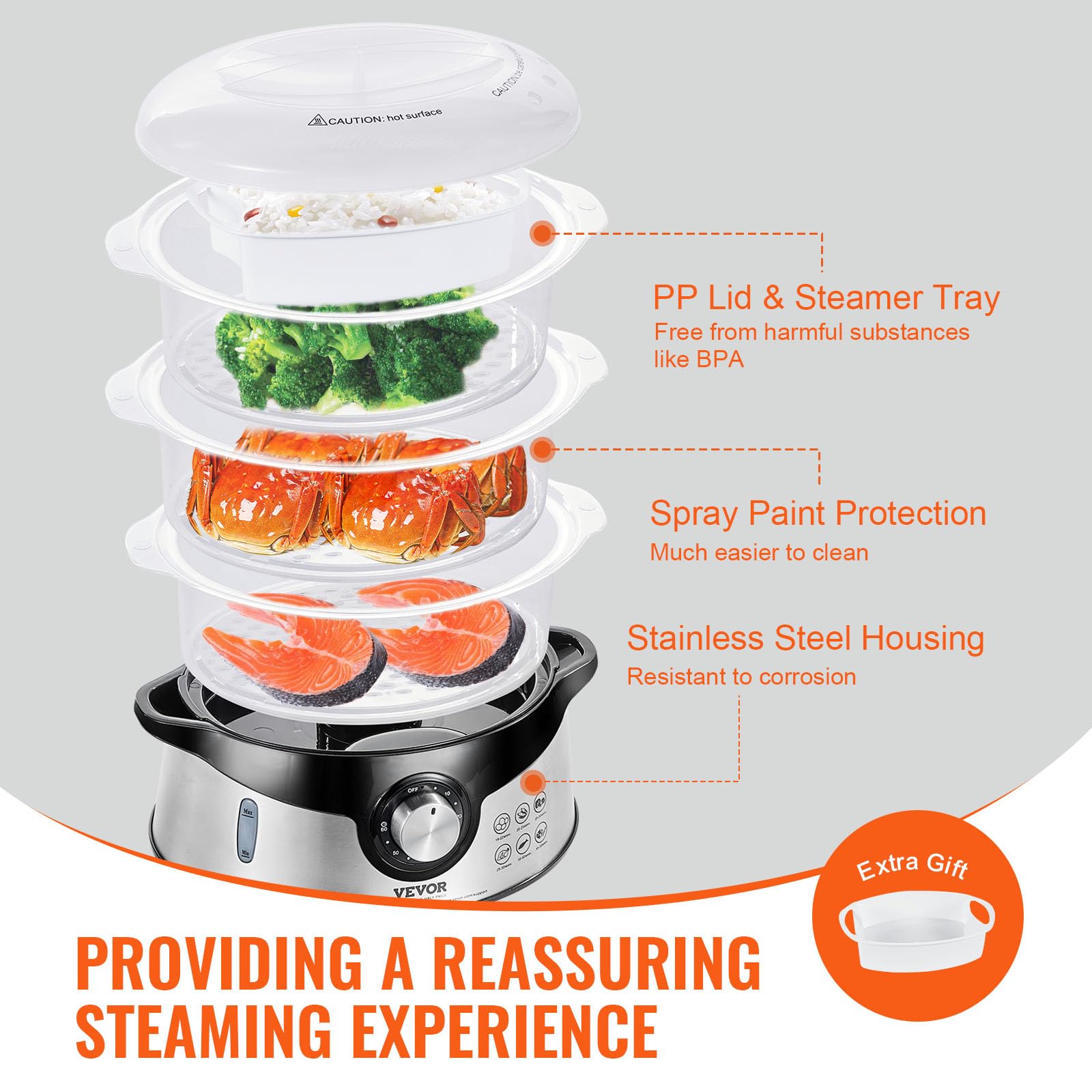 VEVOR 9.5Qt Electric Food Steamer with 3-Tier Stackable Trays - 800W Vegetable & Meat Steamer with 60 Min Timer, Auto Shut-Off & Boil Dry Protection - Perfect for Healthy Cooking, Meal Prep & Large Families