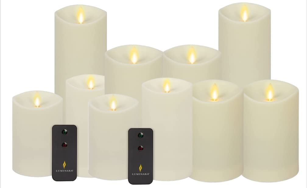 Luminara 10-Pack Flameless LED Pillar Candles - Realistic Flickering Flame, Scalloped & Melted Edge Design, Smooth Wax Finish, IPX4 Waterproof, Remote Control - Perfect for Outdoor Weddings, Patio Decor, and Holiday Centerpieces (Ivory)