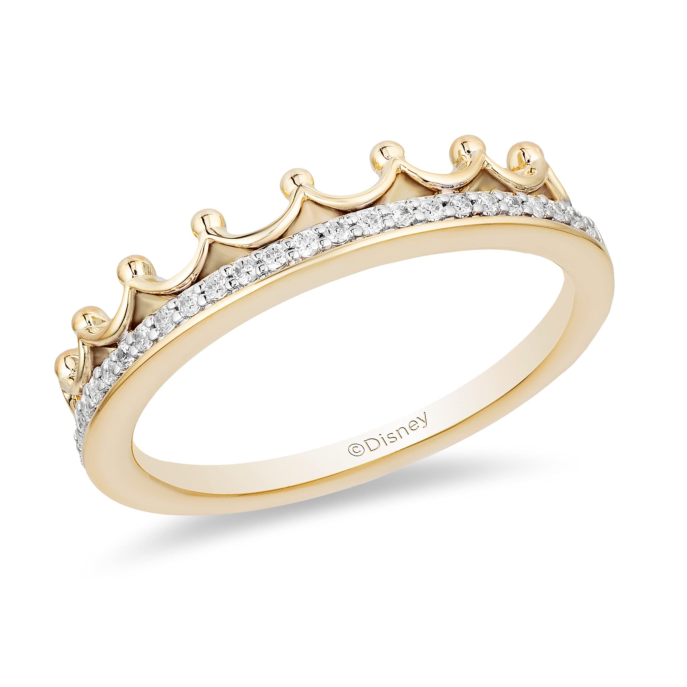 Enchanted Disney Princess Tiara Ring - 10K Yellow Gold with 1/10 CTW Diamonds | Elegant Jewelry for Women | Perfect for Weddings, Prom & Special Occasions