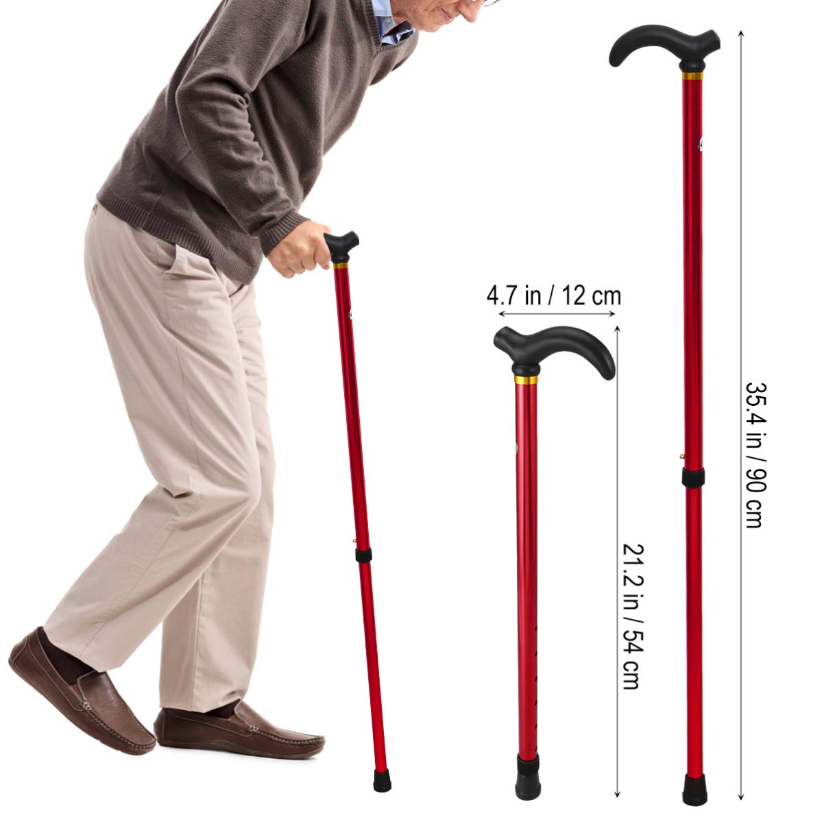 EXCEART Adjustable Walking Cane for Men & Women - Telescopic Aluminum Alloy 2-Section Cane with Comfortable Handle (Red) - Ideal for Seniors, Hiking, Travel & Injury Recovery