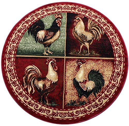 Vintage Rooster Pattern Round Area Rug 4x4 Feet - Burgundy, Black, Beige & Green Farmhouse Decor for Living Room, Kitchen or Bedroom