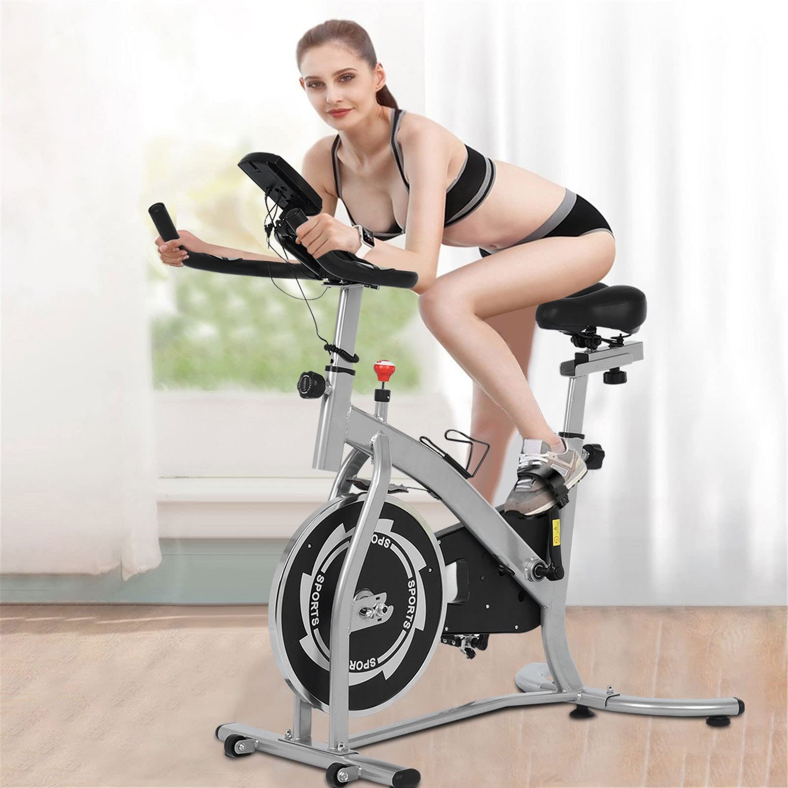 Sunny Health & Fitness Indoor Cycling Bike - 265 LB Weight Capacity, Comfortable Seat Cushion & LCD Monitor - Home Gym Cardio Equipment for Weight Loss & Fitness Training (White/Silver, Model 581)