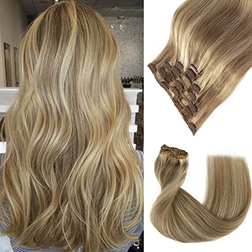 OiMiGO 15 Inch Natural Blonde Clip-in Hair Extensions - 7 Pcs Remy Human Hair with Ash Brown & Platinum Blonde Highlights (70g) for Seamless Blending & Volume Boost | Perfect for Parties, Weddings & Daily Styling