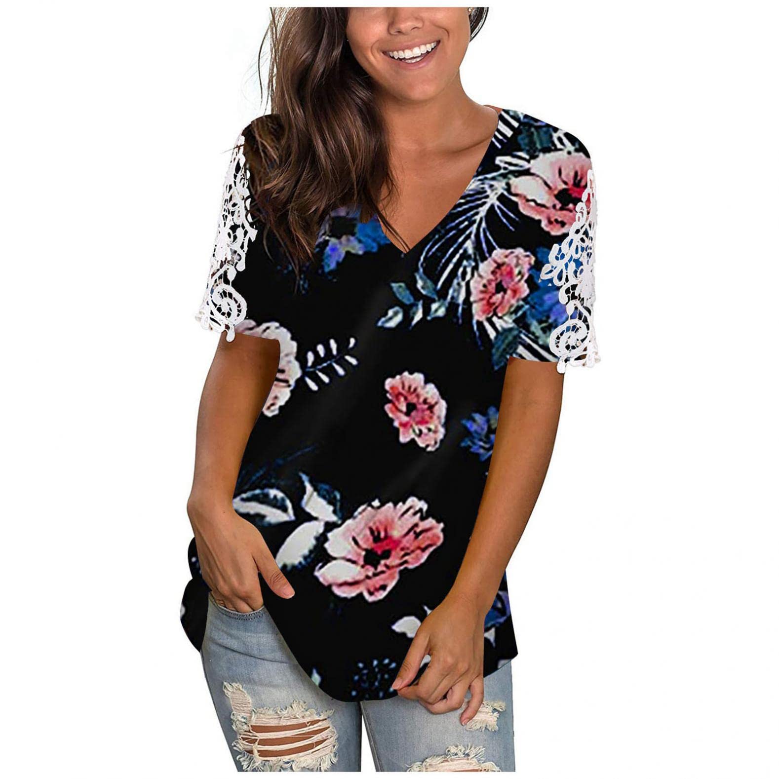 Masbird Women's Summer Floral Casual V-Neck Short Sleeve T-Shirt - Cute Graphic Blouse Top for Everyday Wear, Outings & Beach Vacation