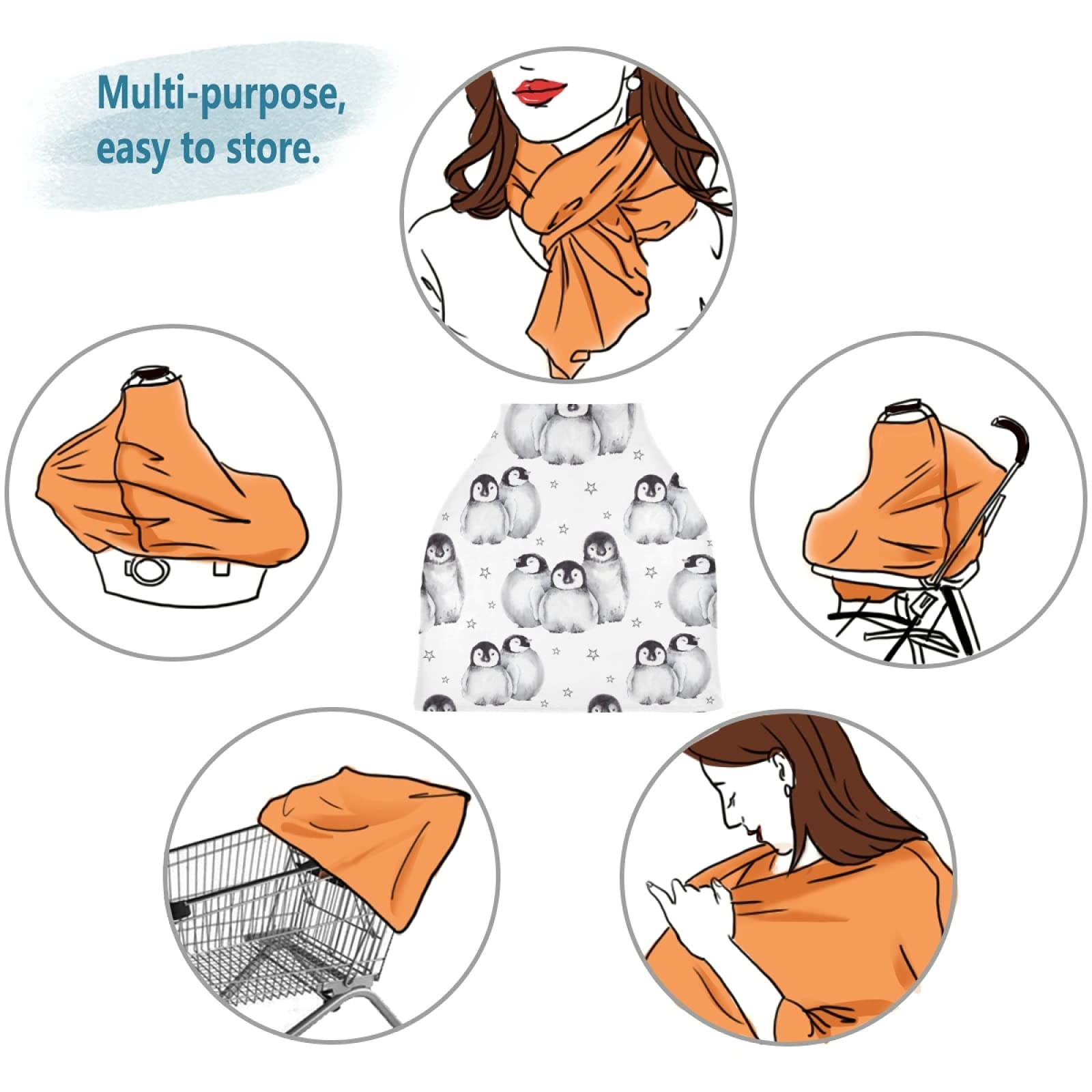 Cute Penguins Nursing Cover & Breastfeeding Scarf - Soft Breathable Baby Car Seat Cover, Infant Carseat Canopy & Stroller Cover for Boys & Girls - Perfect for Nursing, Travel & Outdoor Activities
