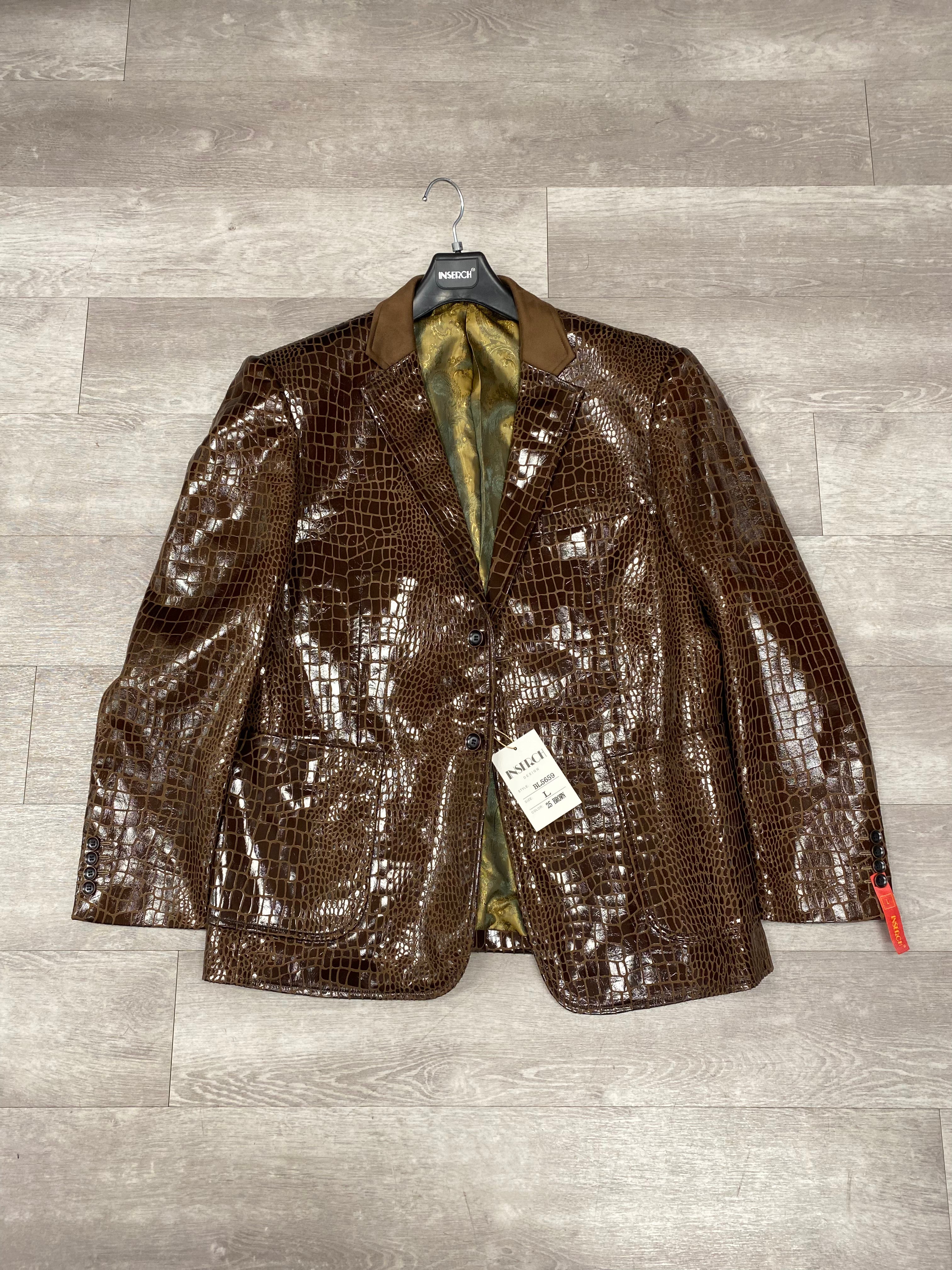 Inserch Alligator Print Combo Blazer BL5659 - Brown Leather Jacket for Men, Size L & 3XL (Final Sale) | Stylish Business Casual & Evening Wear