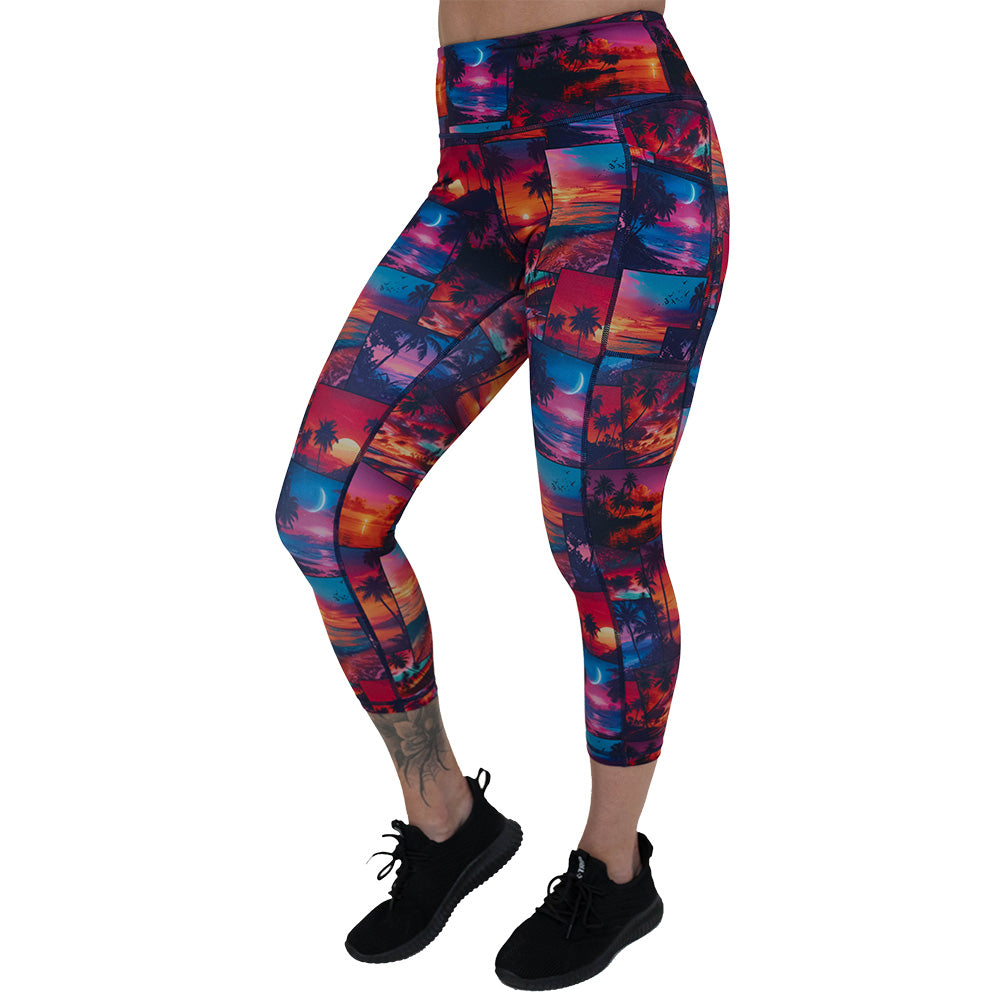 Sunset Snapshot High Waist Yoga Leggings - Women's Printed Workout Pants for Running, Gym & Lounge - Soft Stretchy Comfort