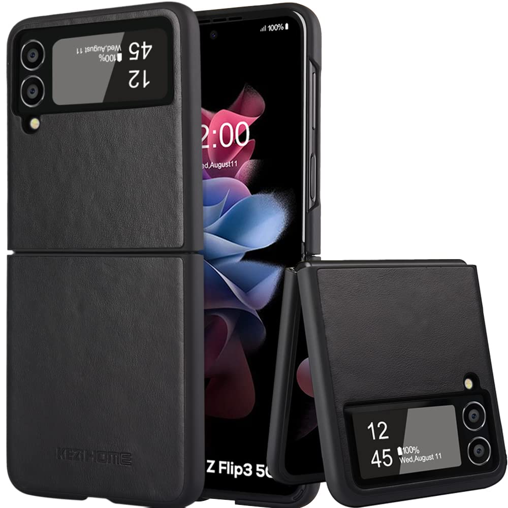 Premium Genuine Leather Samsung Galaxy Z Flip 3 Case - Ultra Thin Slim Protective Cover for Samsung Z Flip 3 5G (2021) | Durable Minimalist Design | Perfect for Business, Travel & Everyday Use (Black)
