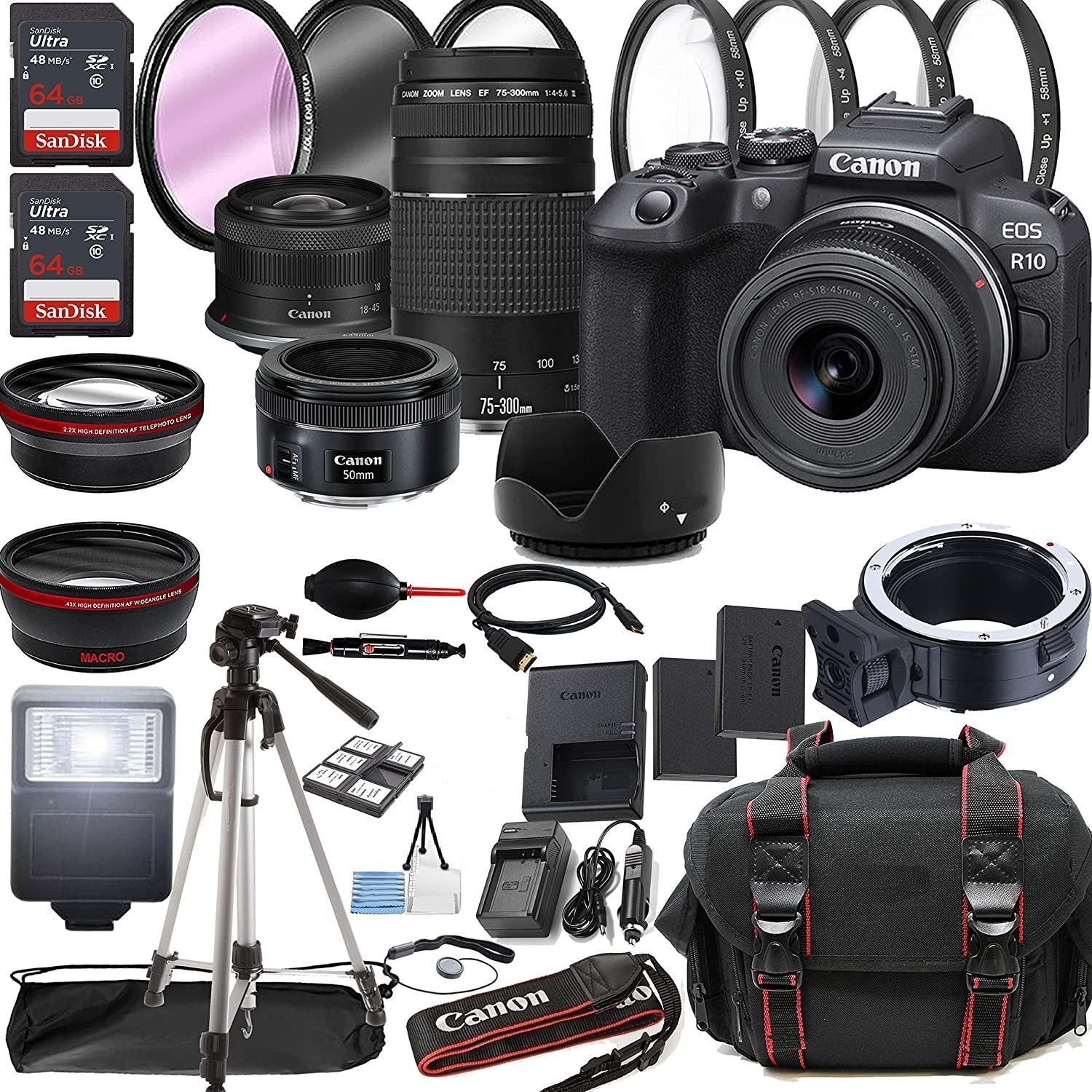 Canon EOS R10 Mirrorless Camera Bundle with RF-S 18-45mm Lens, 75-300mm Lens & 50mm f/1.8 STM Lens - 128GB Memory Card, Case, Tripod & 43pc Filter Kit for Photography, Vlogging & Travel