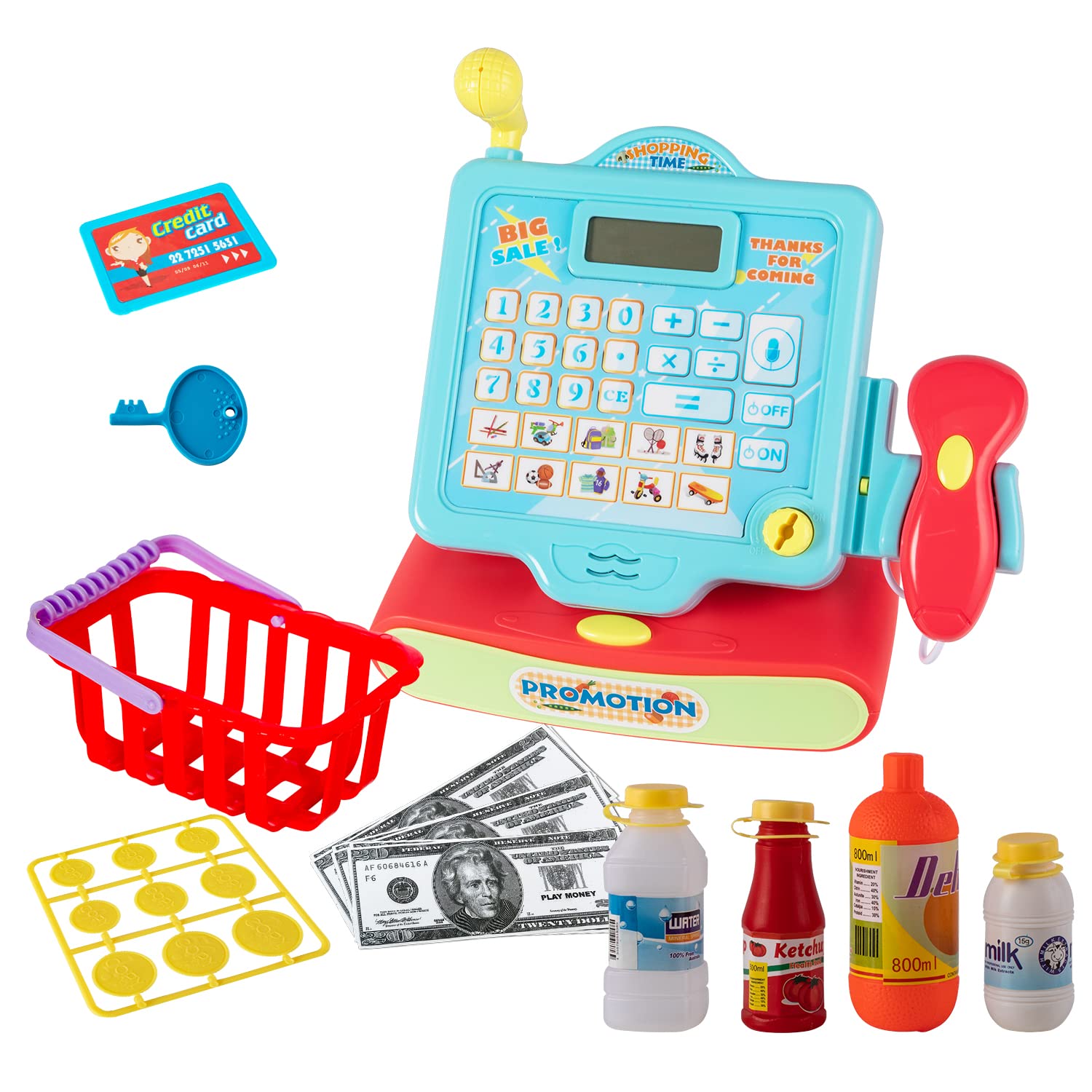 Kids Pretend Play Cash Register with Scanner & Microphone - Toy Supermarket Set with Basket, Play Money, Credit Card, Drinks - Educational Role Play Toy for Boys & Girls Ages 3+ - Perfect for Home, Classroom & Playroom Pretend Shopping Games