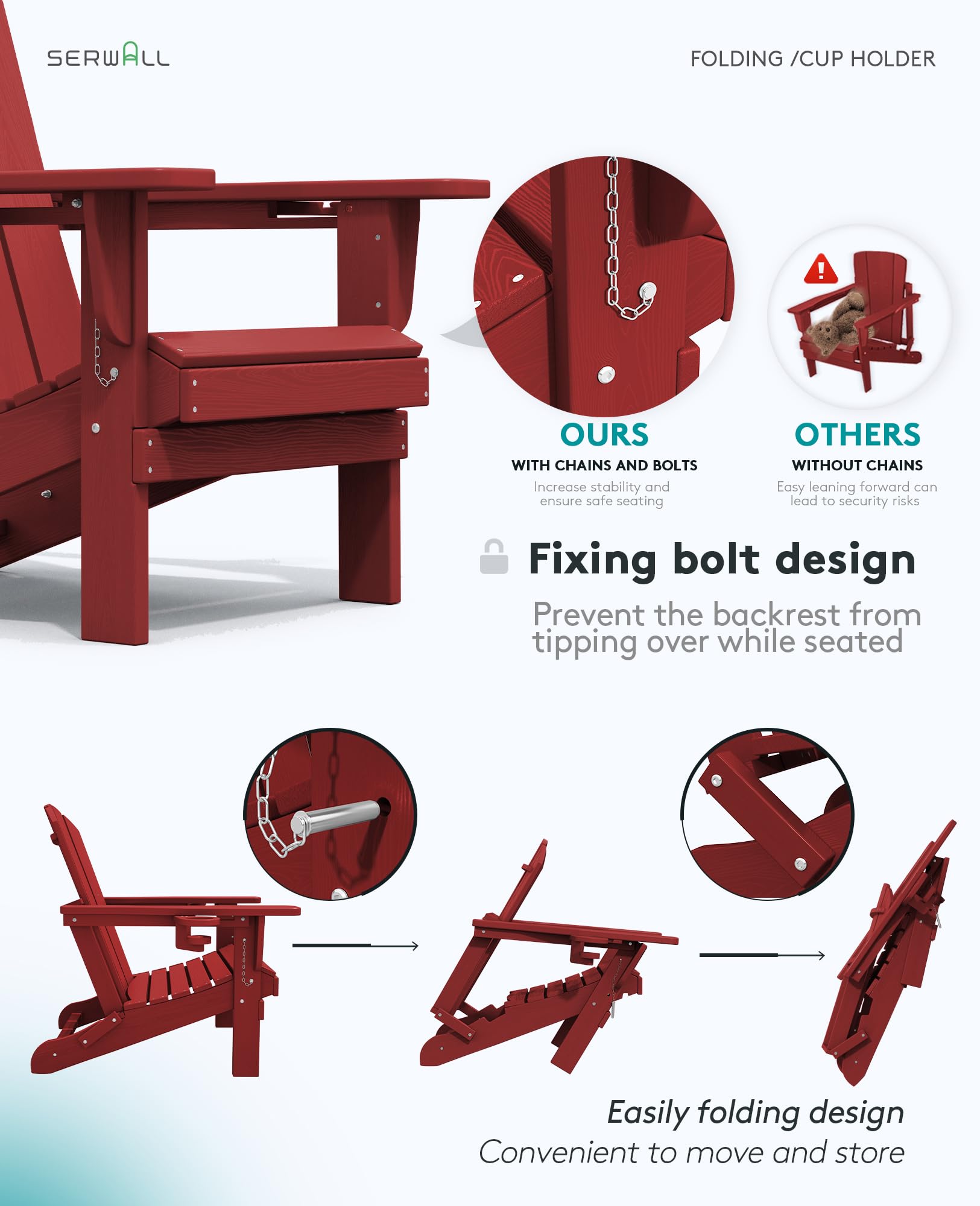 Premium SERWALL Adirondack Chair with Cup Holders - Durable HDPE Composite Outdoor Patio Furniture - All-Weather Resistant (Red) - Perfect for Backyard, Poolside & Garden Relaxation