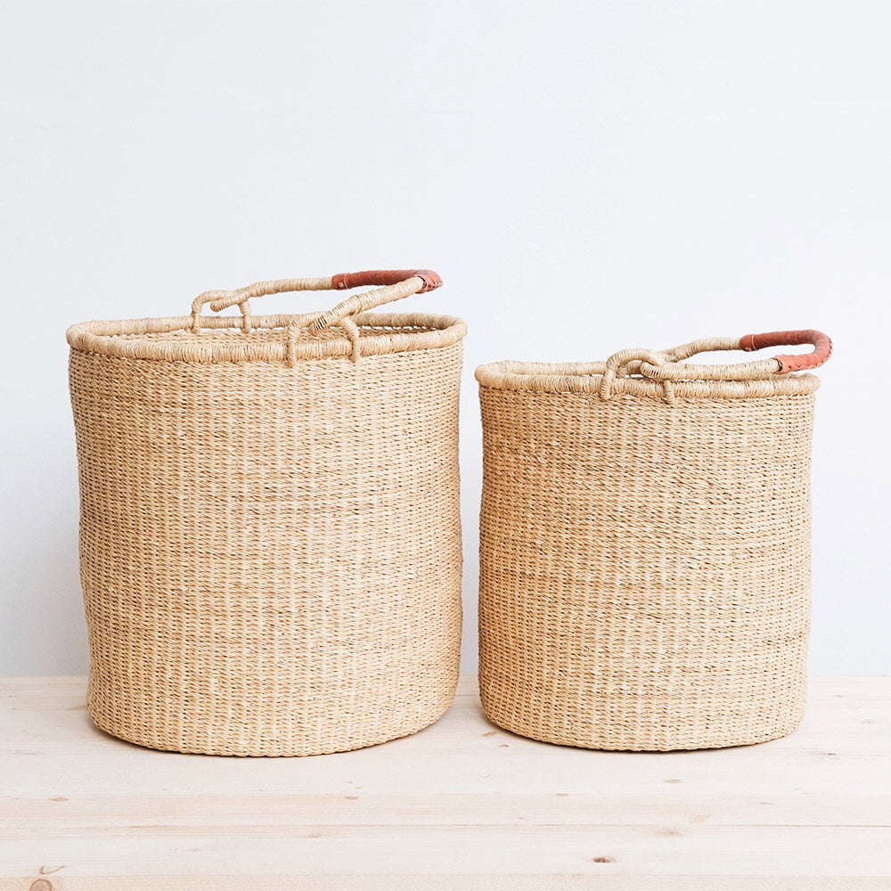 Natural Bolga Hamper Basket Set with Leather Handles - Handwoven Storage for Laundry, Toys & Home Decor - Perfect for Nursery, Bathroom & Farmhouse Style