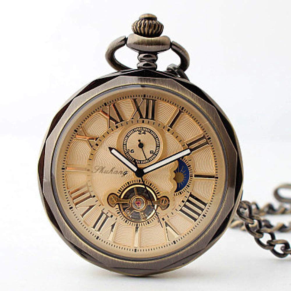 Luxury Open Face Hand-Winding Tourbillon Mechanical Pocket Watch with Roman Numerals & Moon Phase - Vintage Bronze Fob Watch in Gift Box - Perfect for Collectors, Steampunk Fashion & Special Occasion Gifts
