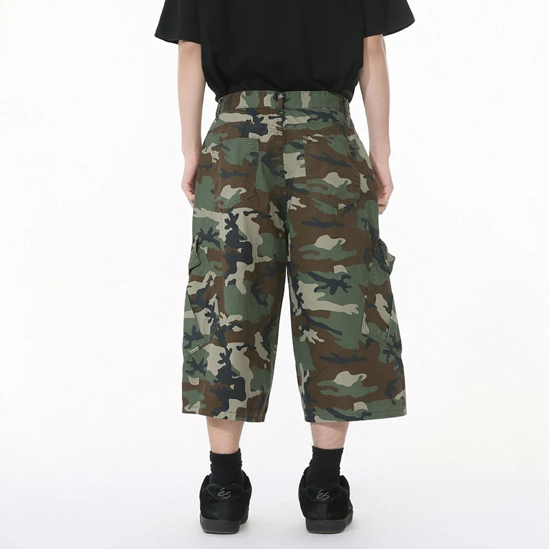 Men's American Style Camouflage Denim Shorts with Side Pockets & Patchwork Design - Casual Straight Wide Leg Baggy Jeans for Men | Perfect for Summer Outfits, Streetwear & Casual Wear