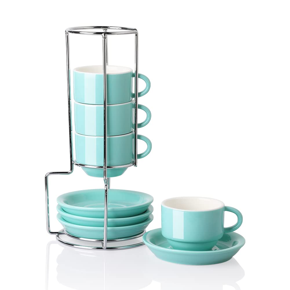SWEEJAR 2.5oz Porcelain Espresso Cups with Saucers - Set of 4 Stackable Cappuccino Cups with Metal Stand for Coffee, Latte & Tea - Turquoise - Perfect for Home, Cafe & Office Use