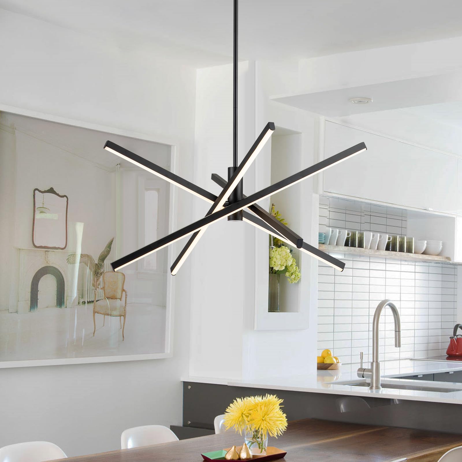 Y'INSP Modern Sputnik Chandelier - Black LED Linear Pendant Light with Embedded LEDs for Dining Room, Kitchen Island, Bedroom & Living Room | Stylish Ceiling Lighting Fixture for Home Decor & Interior Design