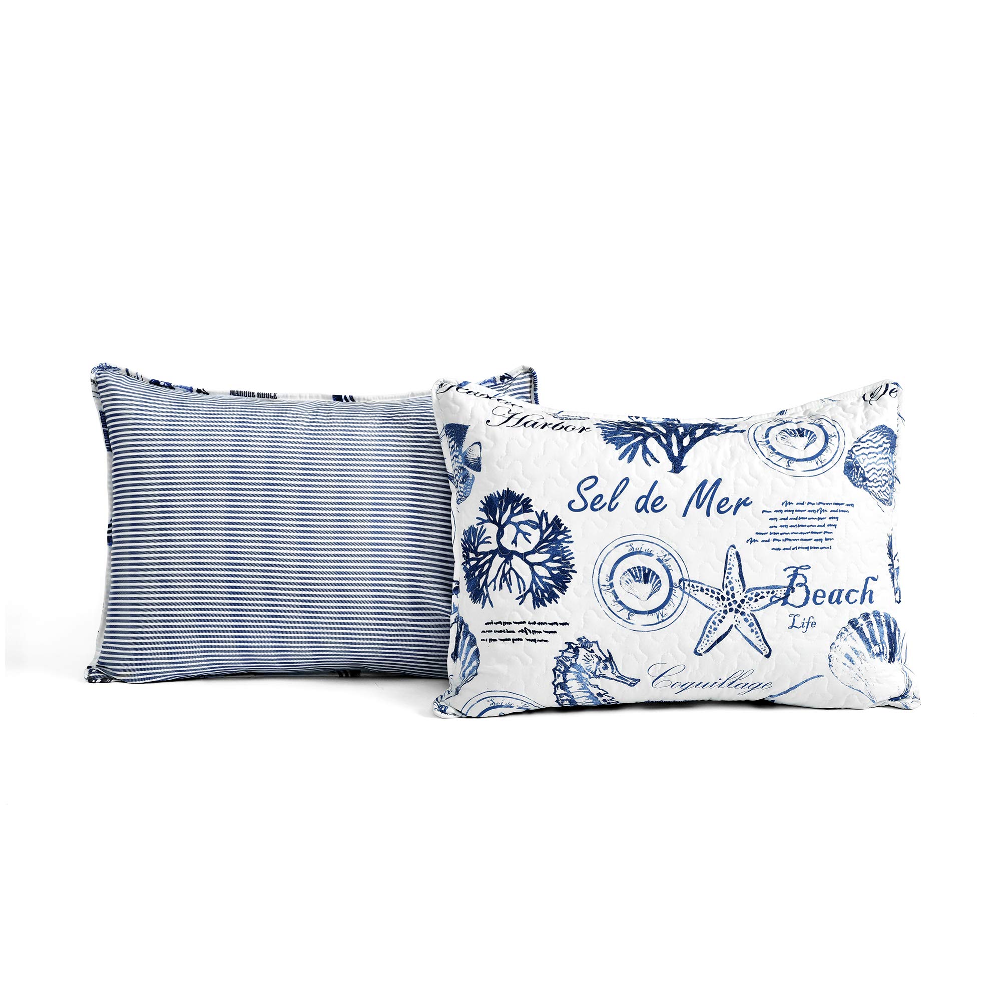 Lush Decor Harbor Life Reversible 7-Piece King Quilt Set - Indigo Striped Nautical Design with Sea Life Print | Coastal Bedroom Decor for Beach Houses, Guest Rooms & Vacation Homes
