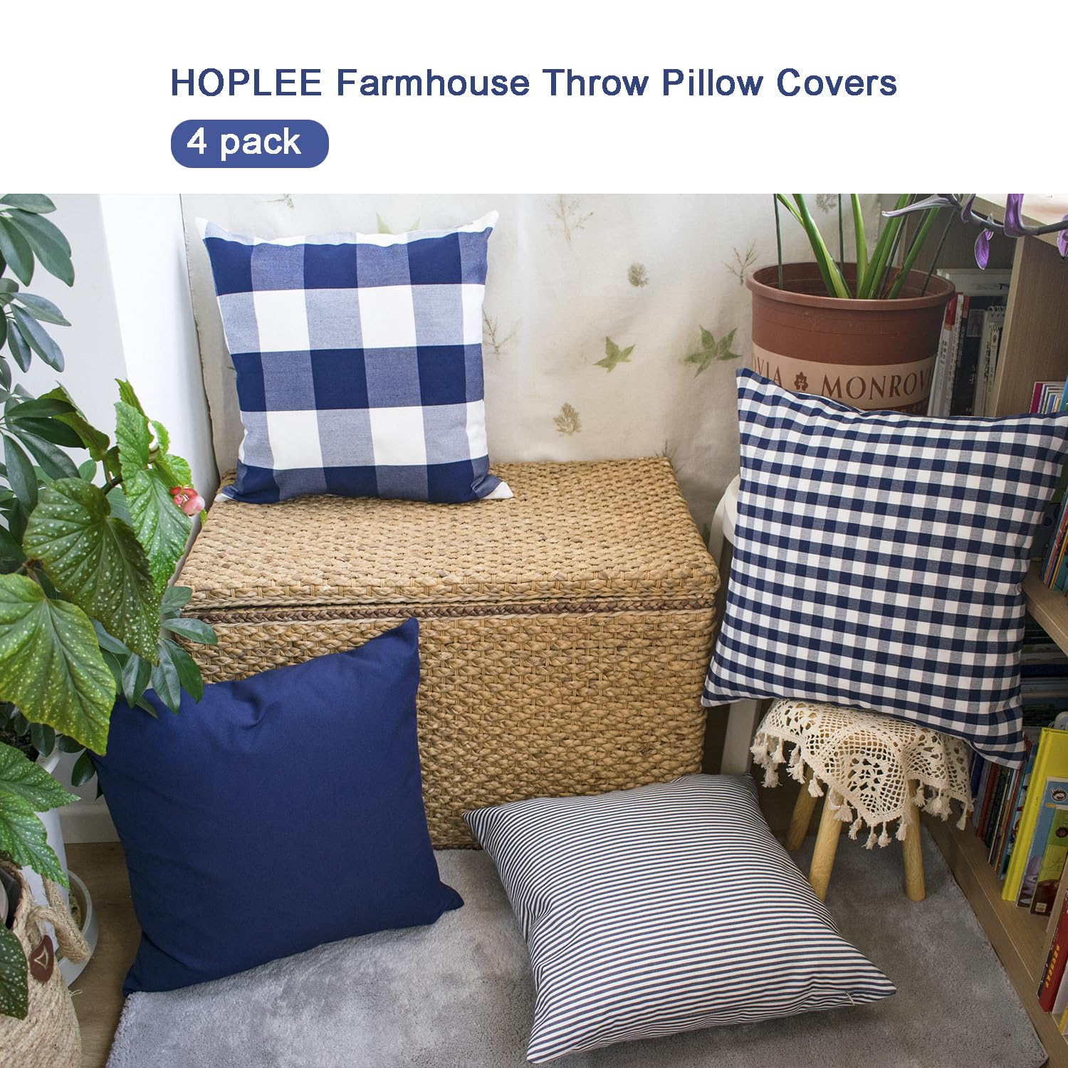 Premium HOPLEE 20x20 Inch Plaid Pillow Covers Set of 4 - Navy Blue Buffalo Plaid, Solid Navy, Stripe & Gingham Designs for Sofa, Bed & Home Decor