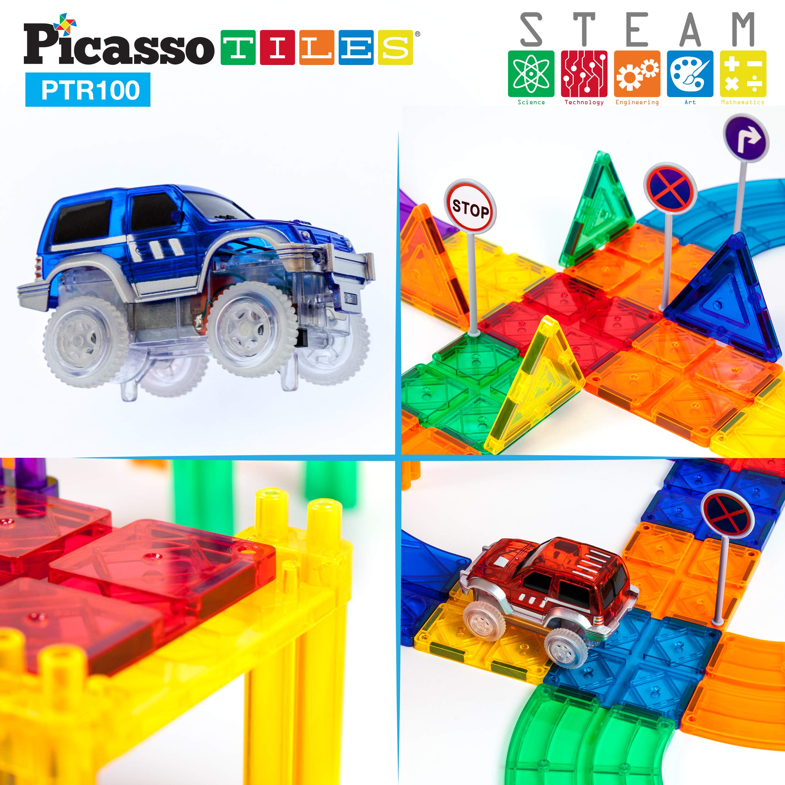 PicassoTiles 2-Piece Race Track Truck Cars with 100pcs Magnetic Building Blocks - STEM Educational Toy for Kids | Compatible with Magnetic Tile Race Tracks | Includes 2 LED Cars | Perfect for Creative Play, Birthday Gifts & Classroom Learning Activities
