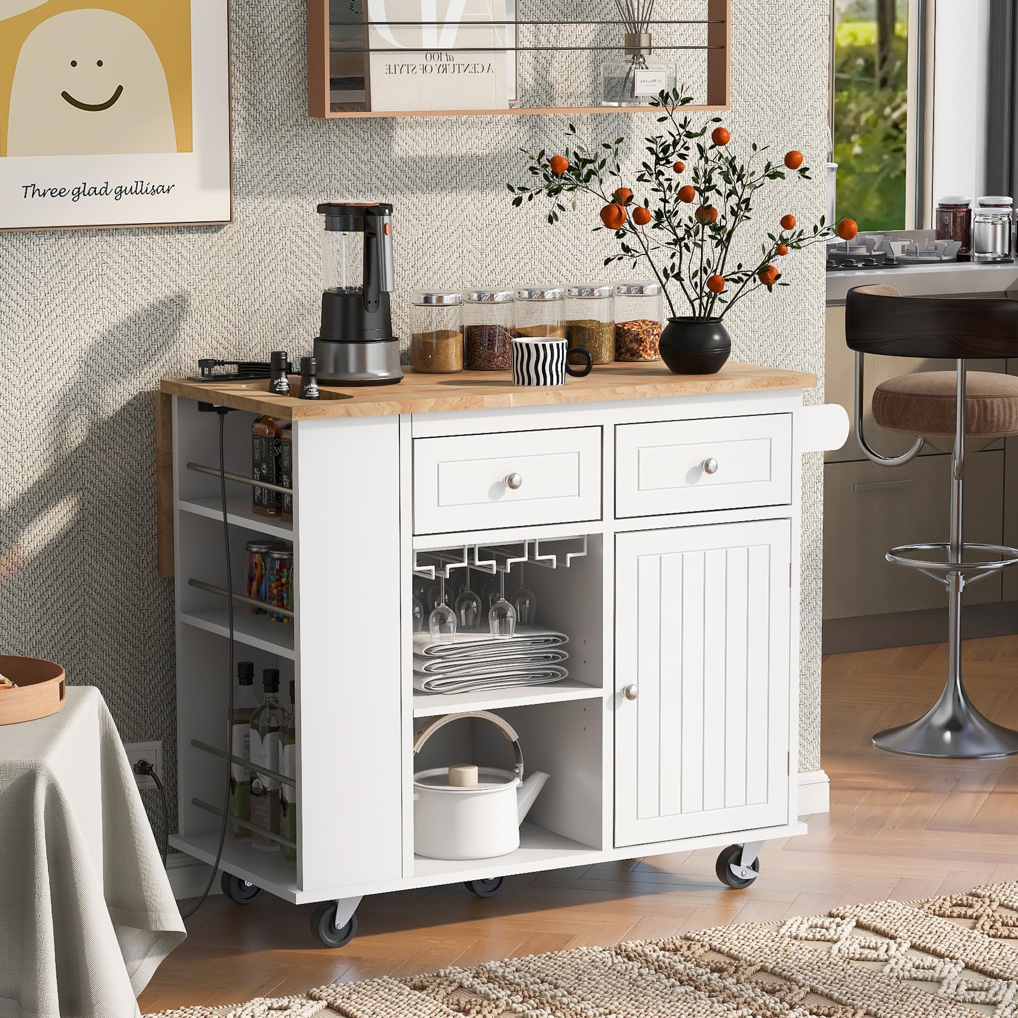 Premium Kitchen Island Cart with Power Outlet & Wine Rack - 39.8