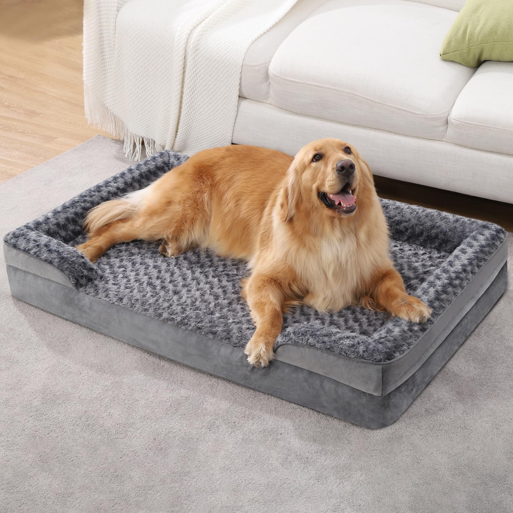 KSIIA Orthopedic Dog Bed for Large Dogs - Waterproof, Washable Egg Foam Pet Sofa with Removable Bolster & Non-Slip Bottom - 36 x 27 x 6 Inch Grey - Perfect for Arthritis Support & Comfortable Sleeping in Living Room or Bedroom