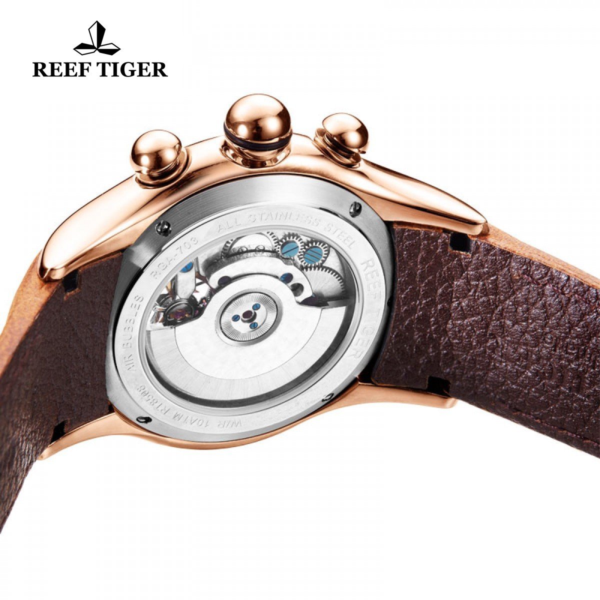 REEF TIGER Men's Luxury Sport Watch - Rose Gold Skeleton Tourbillon Quartz Chronograph with Multi-Functional Dial (Model RGA703-YGB) | Perfect for Business, Formal Events & Outdoor Activities