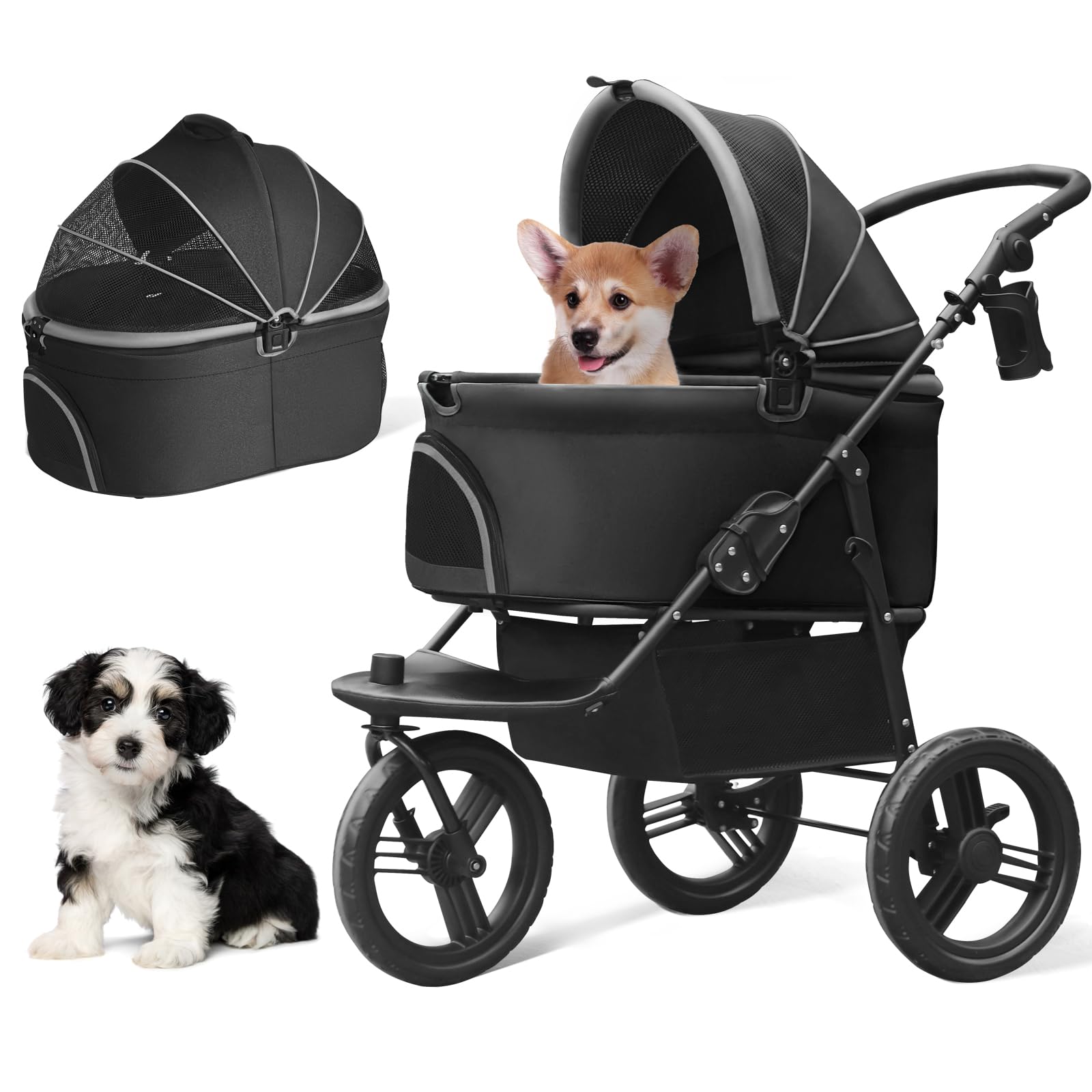 Premium 3-in-1 Dog Stroller for Small & Medium Dogs & Cats - All-Terrain 3-Wheel Jogging Pet Carrier with Removable Basket, Storage Compartment & Cup Holder (Black) - Perfect for Outdoor Walks, Park Visits & Vet Trips