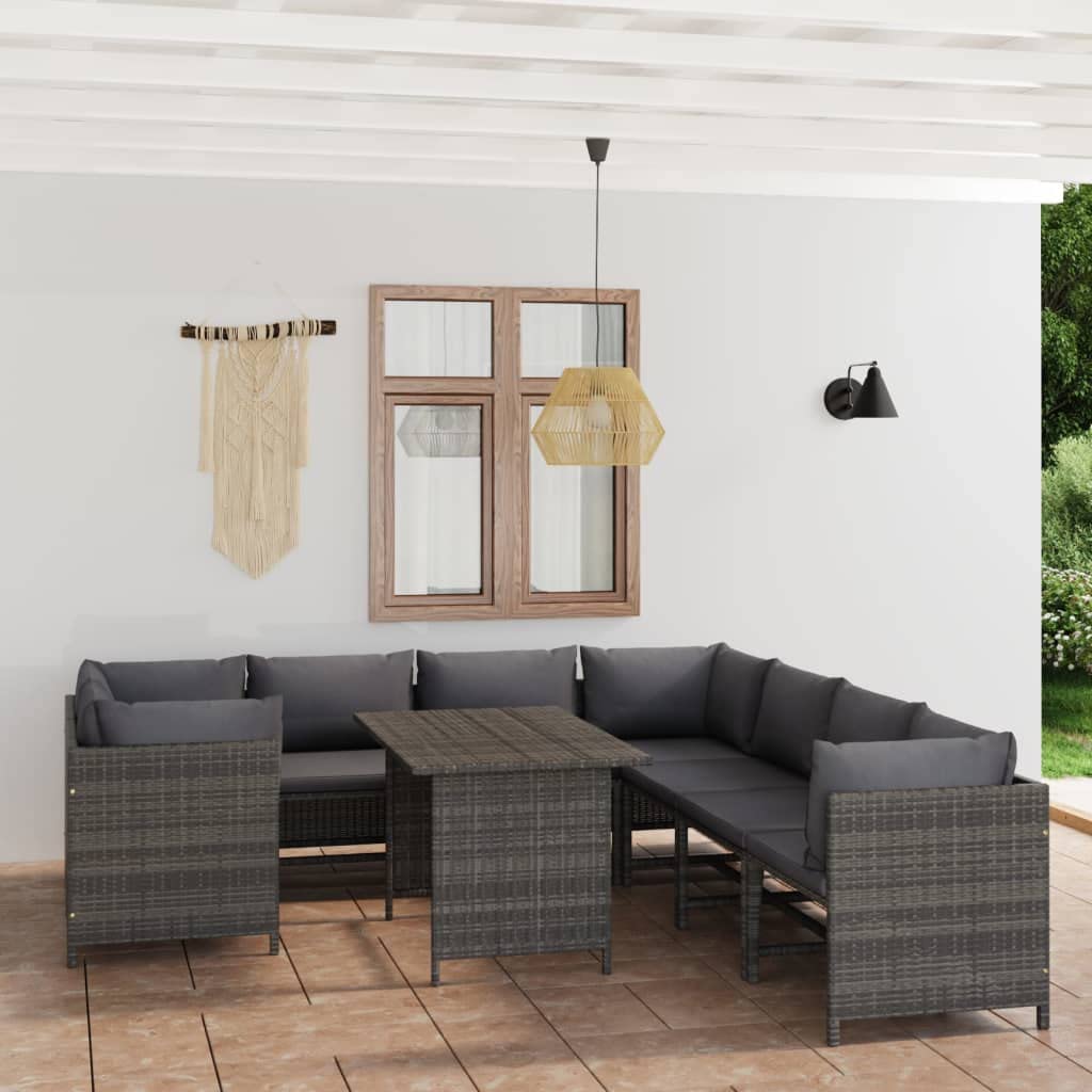 vidaXL 9-Piece Gray Poly Rattan Patio Lounge Set with Cushions & Dining Table - Farmhouse Style Modular Outdoor Furniture for Garden, Poolside & Backyard Relaxation