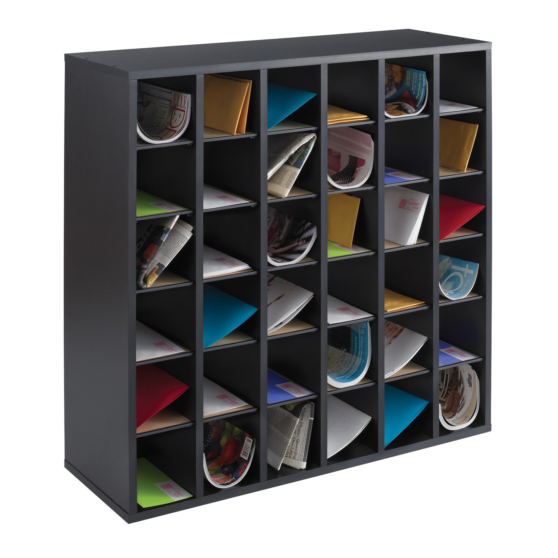 Safco Black Wooden Paper and Mail Organizer with 36 Adjustable Stackable Compartments - Perfect for Home Office, Classroom, and Office Organization