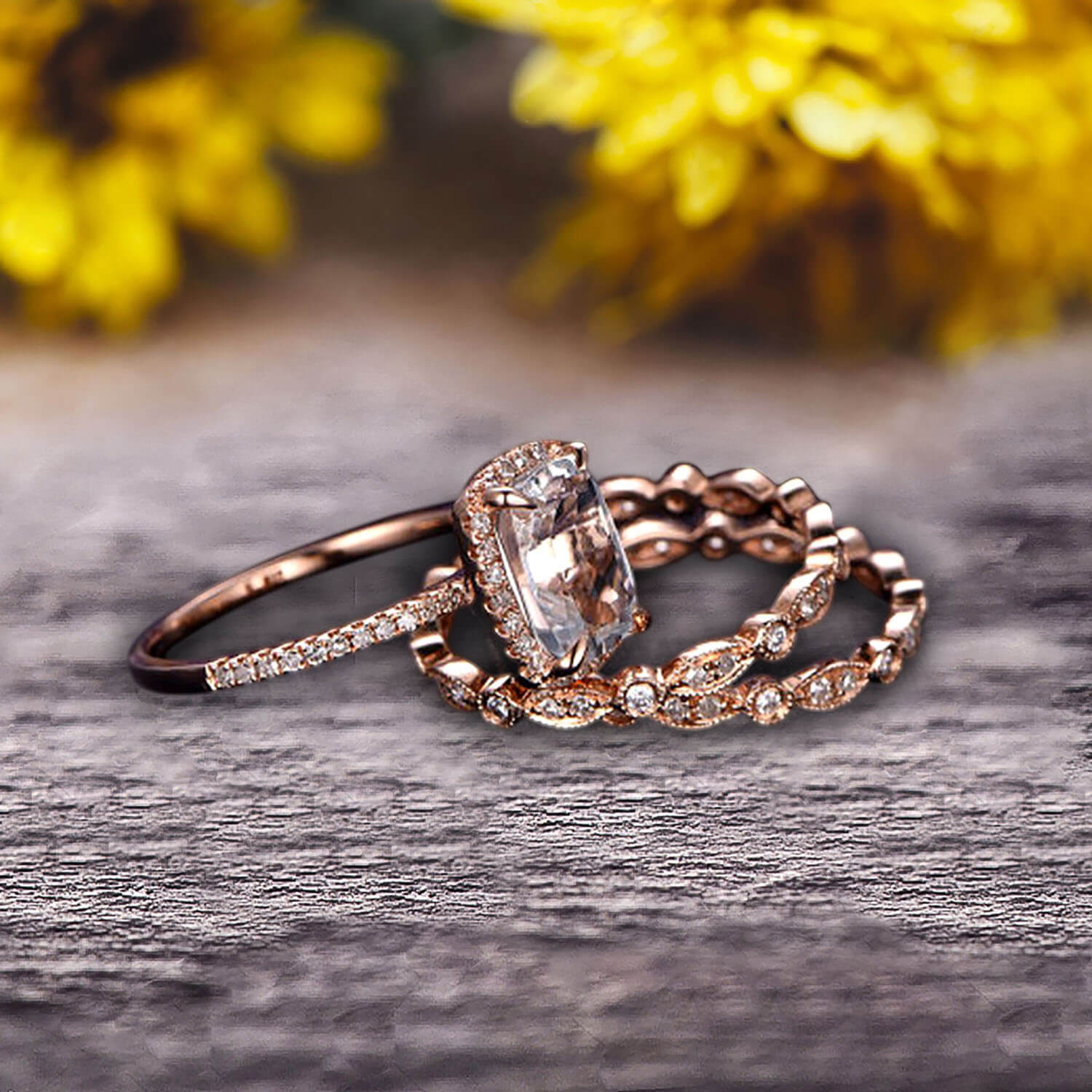3Pcs Morganite 2 Carat Trio Ring Set - 10k Rose Gold Engagement Ring, Eternity Band & Promise Ring with Art Deco Milgrain Detailing | Perfect for Proposals, Anniversaries & Romantic Gifts