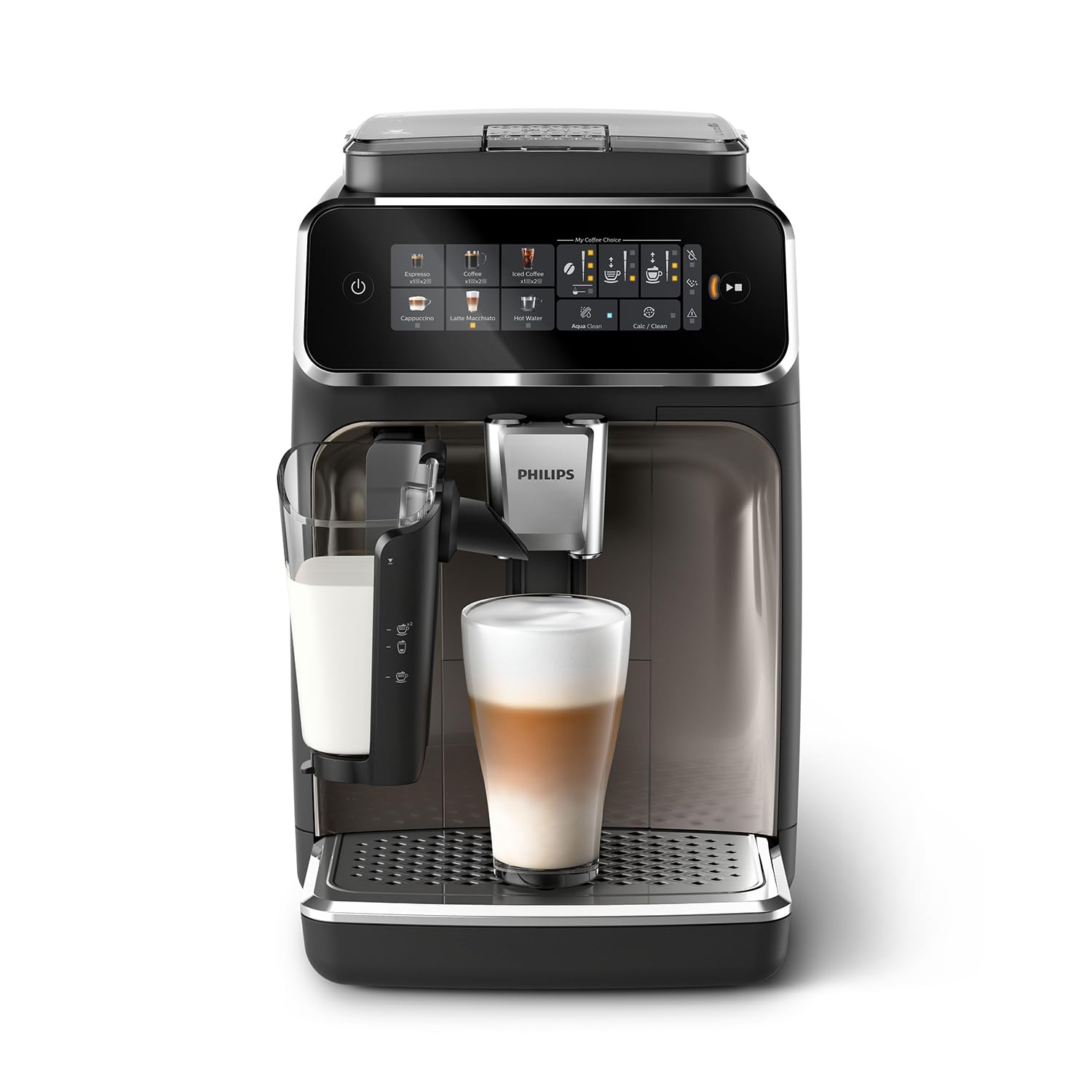 PHILIPS Serie 3300 Fully Automatic Espresso Machine with LatteGo Milk System - 6 Coffee Types, Touch Screen Display, SilentBrew Technology, Ceramic Grinder, AquaClean Filter in Black Chrome (EP3347/90) - Perfect for Home Baristas & Office Coffee Stations