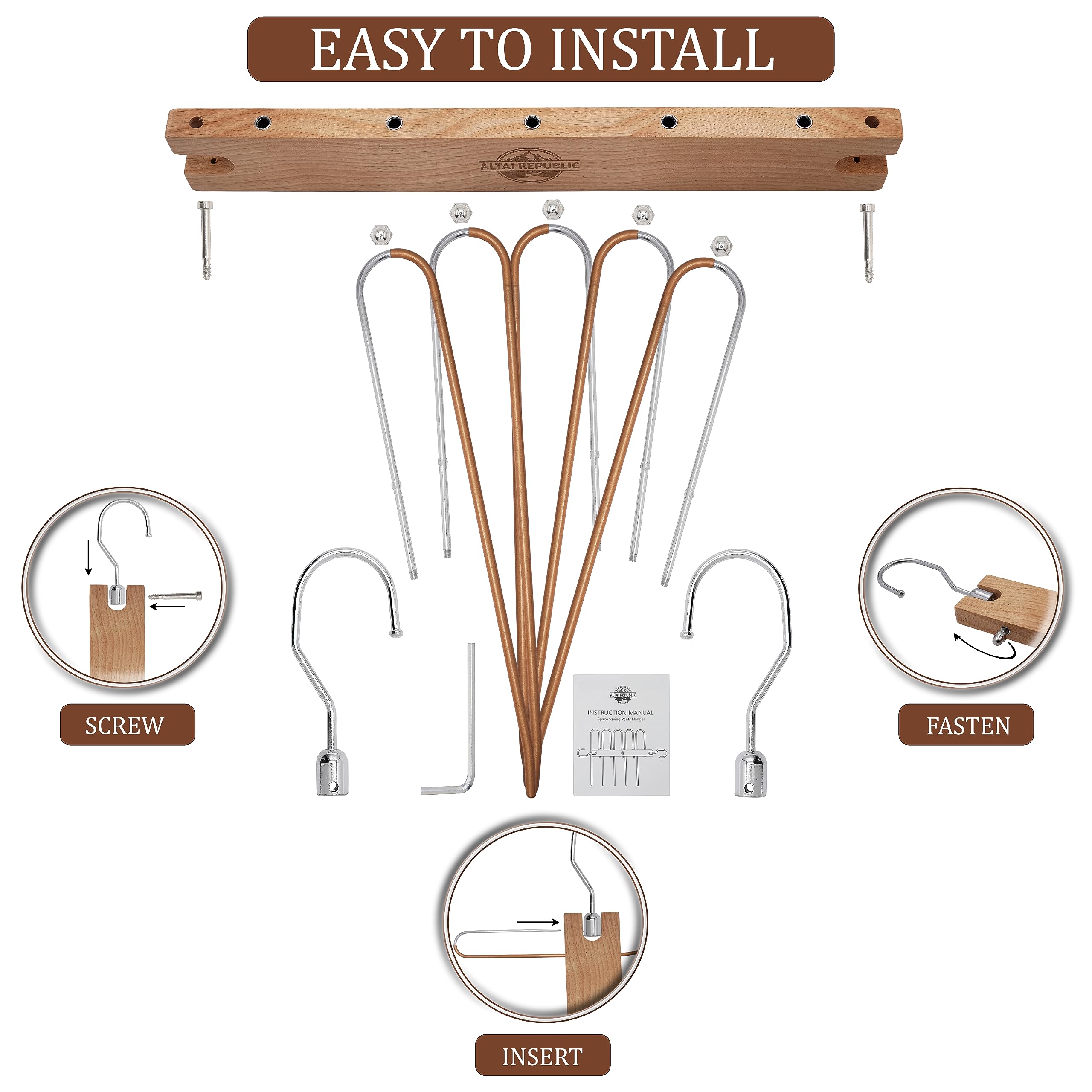 Space-Saving 5-in-1 Wooden Pants Hangers for Closet - Stainless Steel Extendible Jean & Trouser Hangers - Multi-Functional Magic Wardrobe Organizer (Natural Wood) - Perfect for Small Spaces, Travel & Home Closet Organization